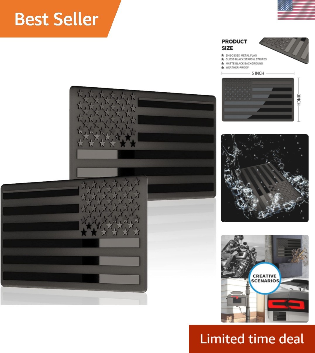 Embossed 3D Metal All Black American Flag Emblem Decal Stickers 1 Pair, Matte…