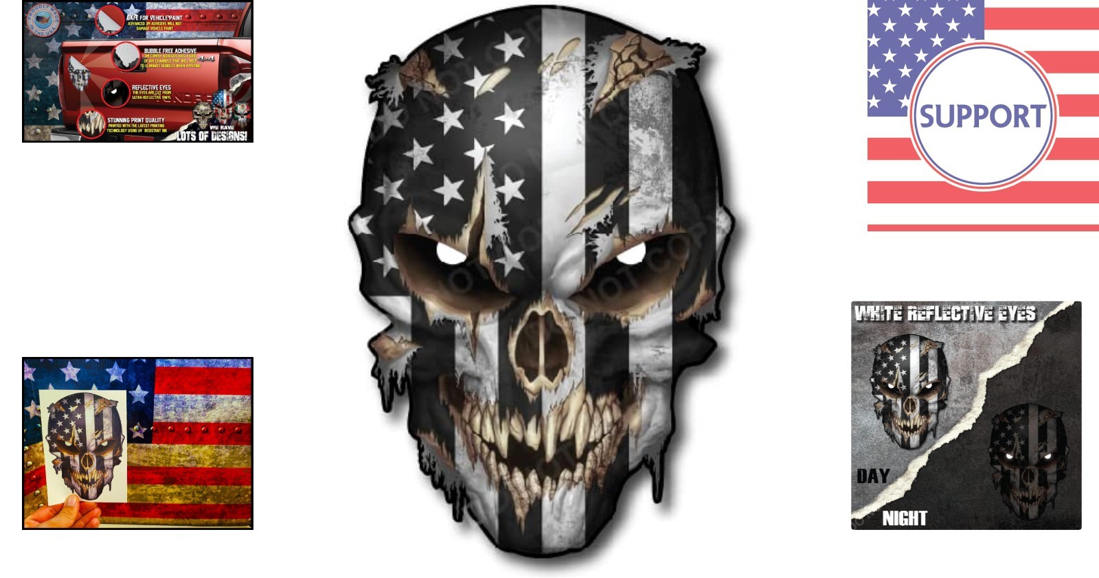 Durable American Flag Skull Decal with Glitter & Reflective Eyes – 6.5 Inch