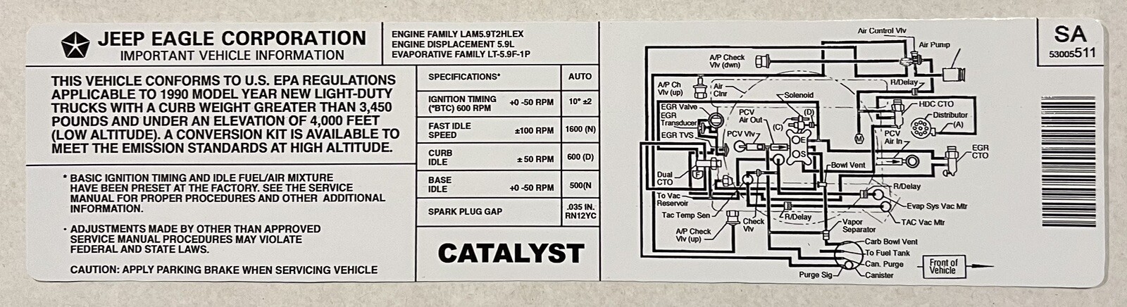 Jeep Grand Wagoneer 1990 Emissions Decal