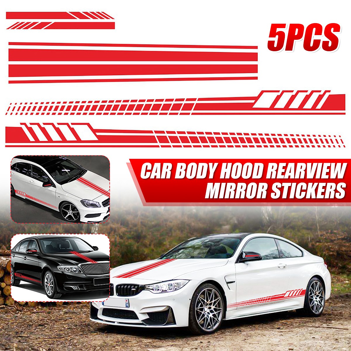 Red Universal Car Side Body Stripe Sticker DIY Decal Trim Hood Rear View Mirror