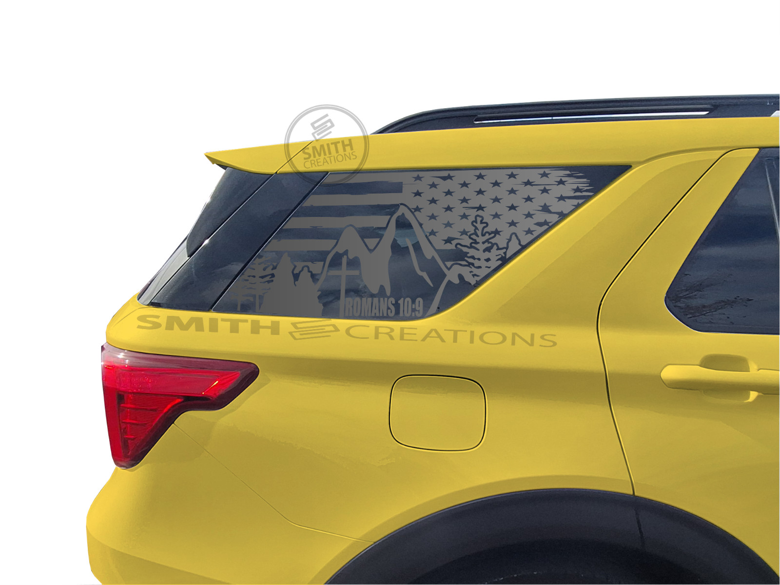 Fits 2020-26 Ford Explorer Rear Side Romans 10:9 Tattered US Flag Mountain Decal