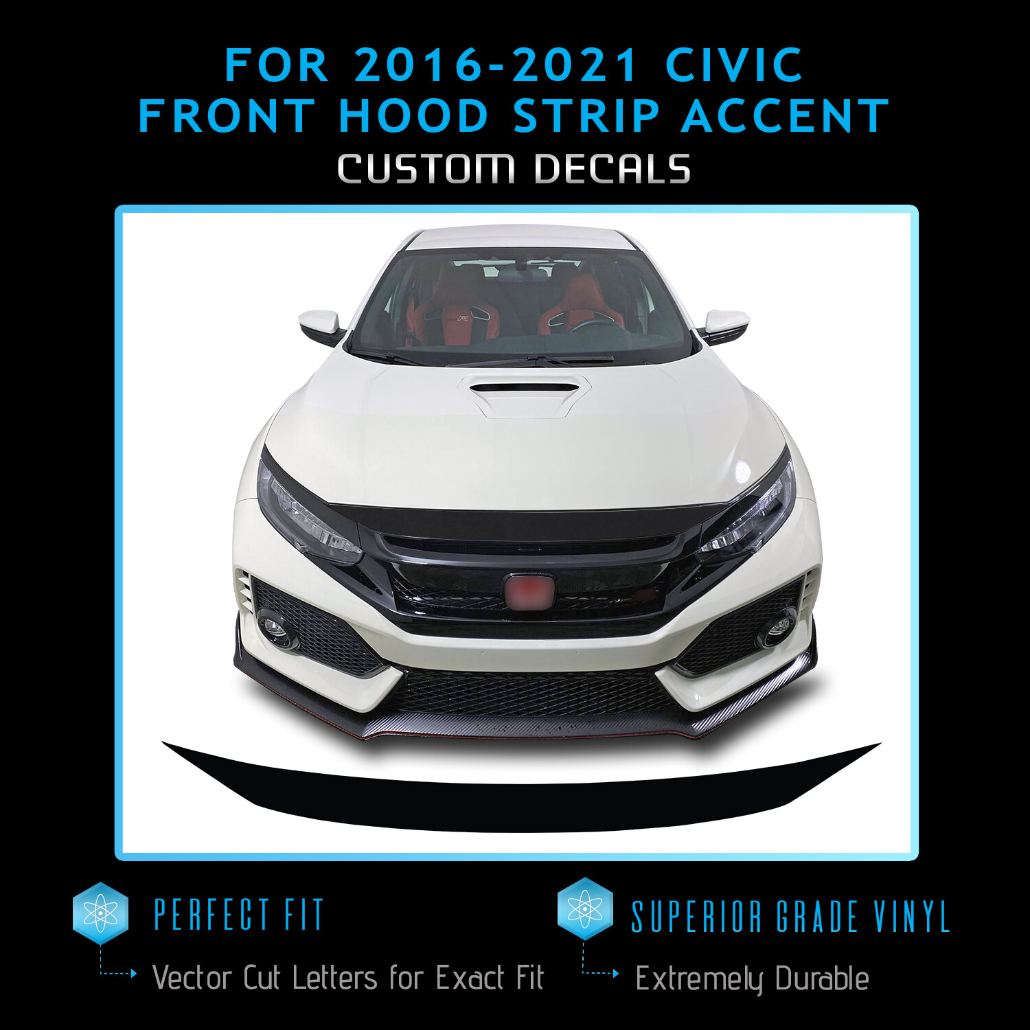 For 2016-2021 Civic Front Hood Strip Overlay Graphic Decal Satin Metallic Vinyl