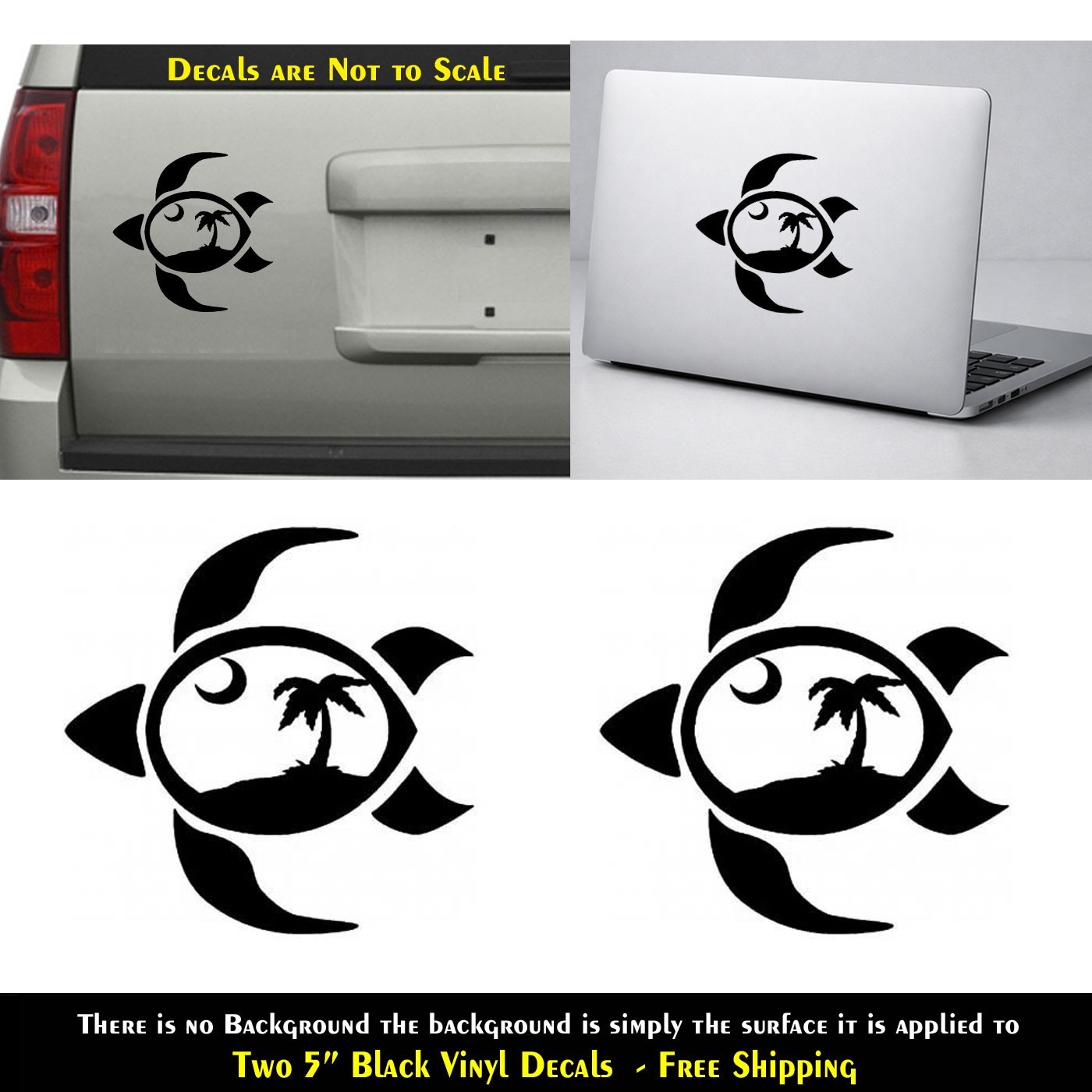 Sea Turtle Beach Scene Two Pack 5″ Black Vinyl Decals Car Truck Any Flat Surface