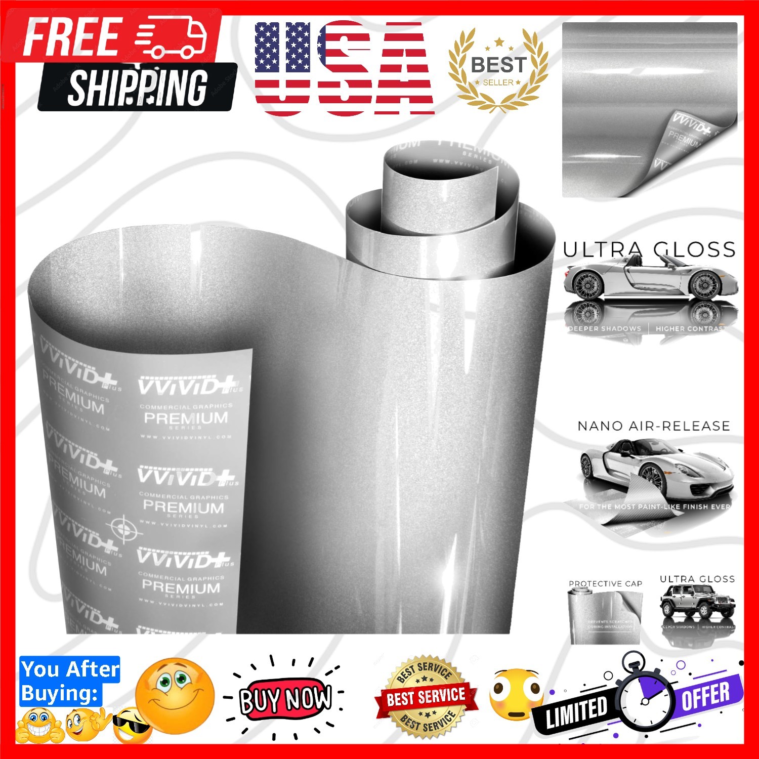 Ultra Gloss Silver Metallic Vinyl Car Wrap Paint Replacement Film Roll with …