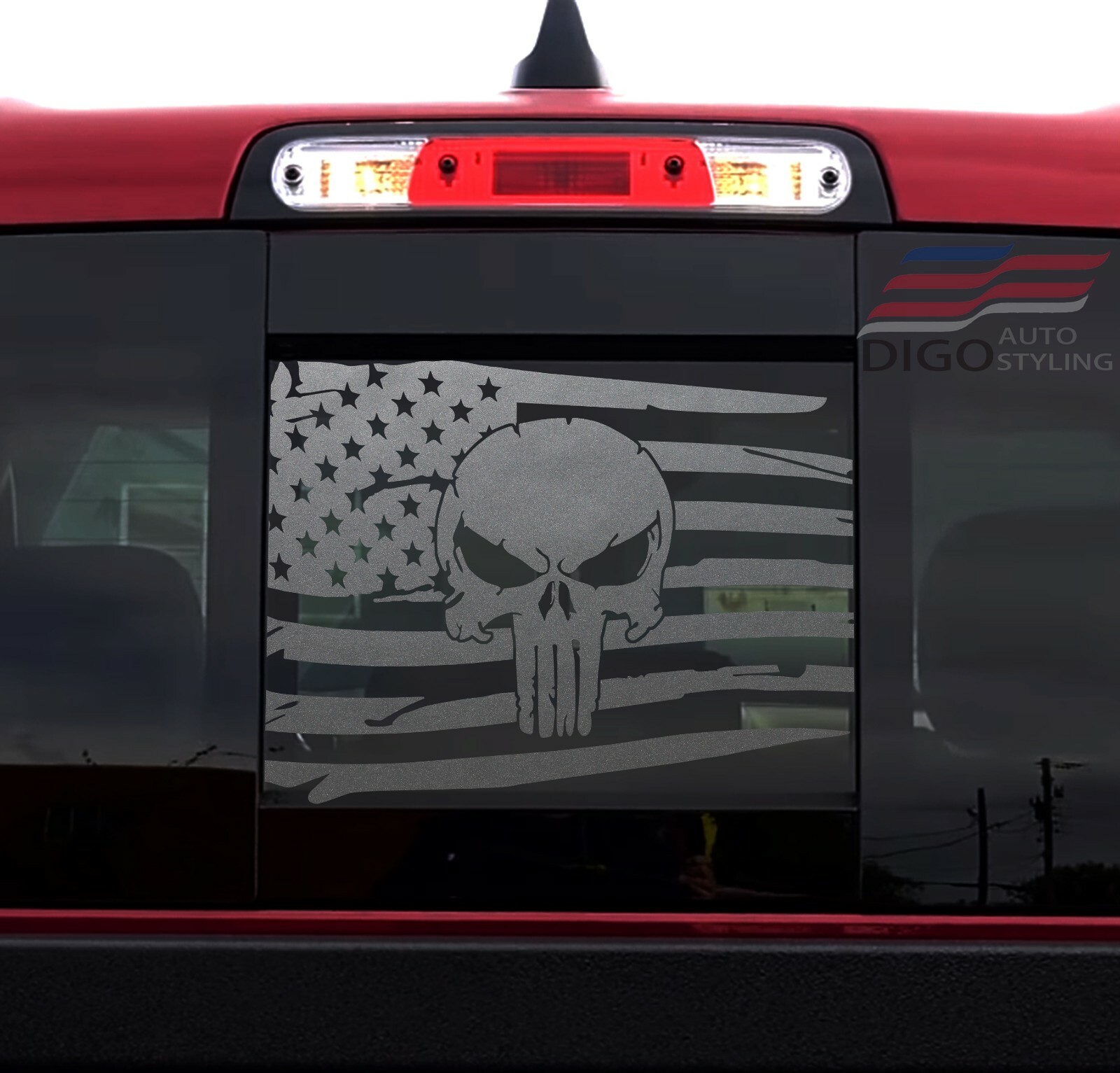 2009 – 2024 Dodge RAM Back Middle Window Distressed Punisher American Flag Decal
