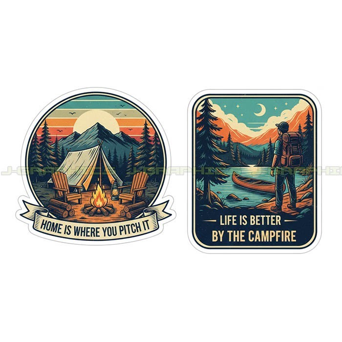 Camp Camping sticker vinyl decal campfire nature mountains 2 pack H