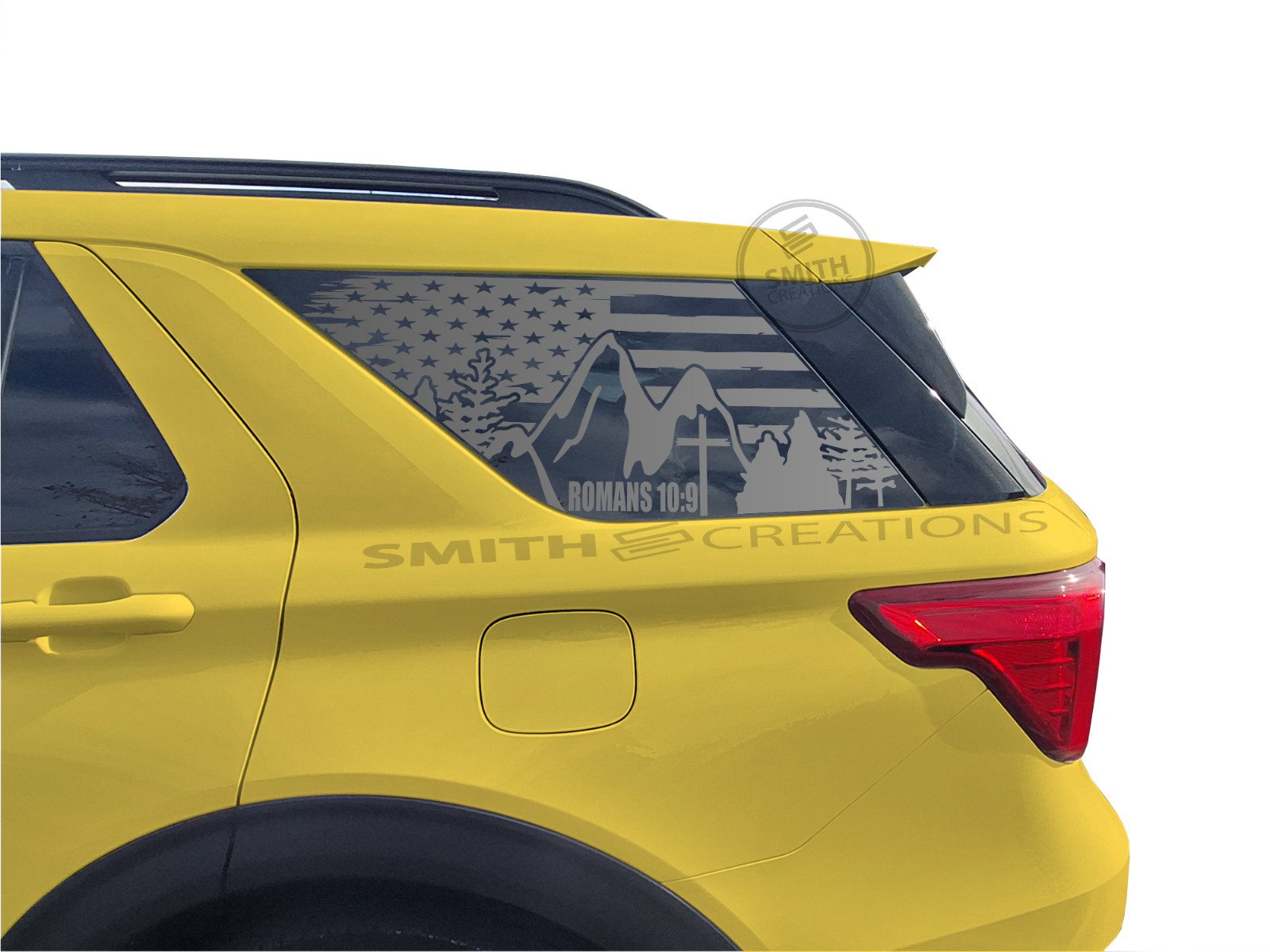 Fits 2020-26 Ford Explorer Rear Side Romans 10:9 Tattered US Flag Mountain Decal