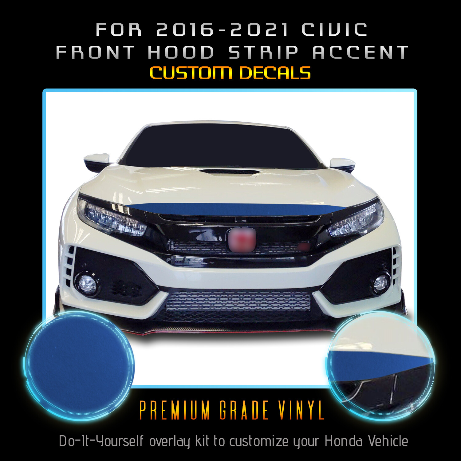 For 2016-2021 Civic Front Hood Strip Overlay Graphic Decal Satin Metallic Vinyl