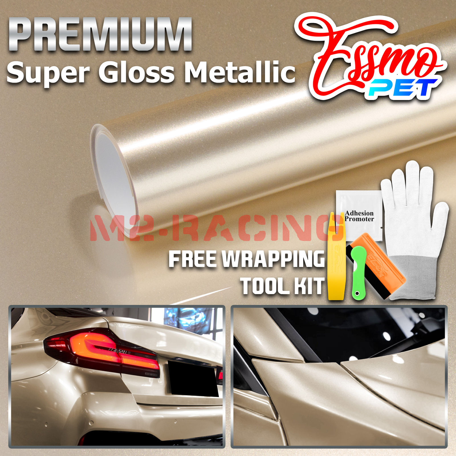 ESSMO PET Super Gloss Metallic Champagne Gold Car Vinyl Wrap Decal Like Paint