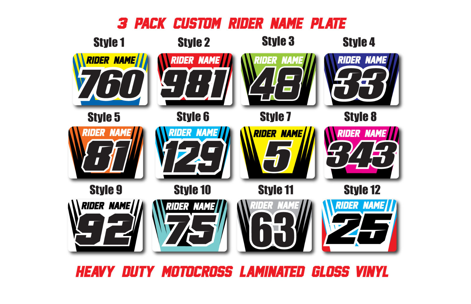 3x CustomNumber Plate Decal Stickers Name Motocross Race Heavy Duty Laminated