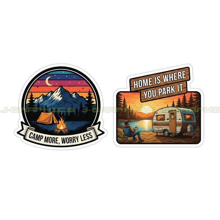 Camp Camping sticker vinyl decal campfire nature mountains 2 pack R