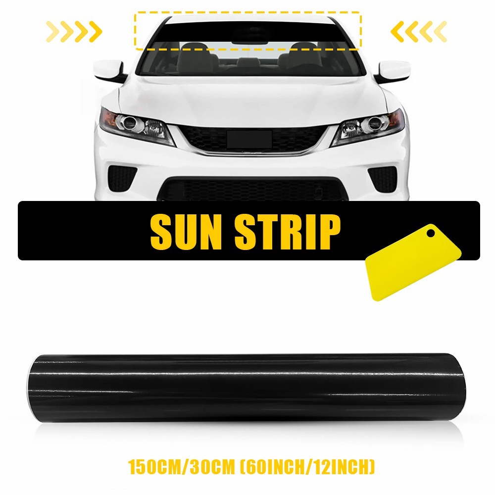 Black Window Visor Sun Strip Tint Film Front Windshield UV Shade 12*60″ Decal US