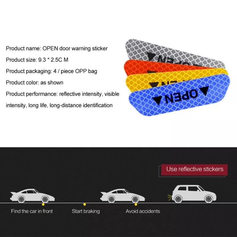 4x Reflective Car Door Warning Stickers Safety Tape Open Sign Night Visibility