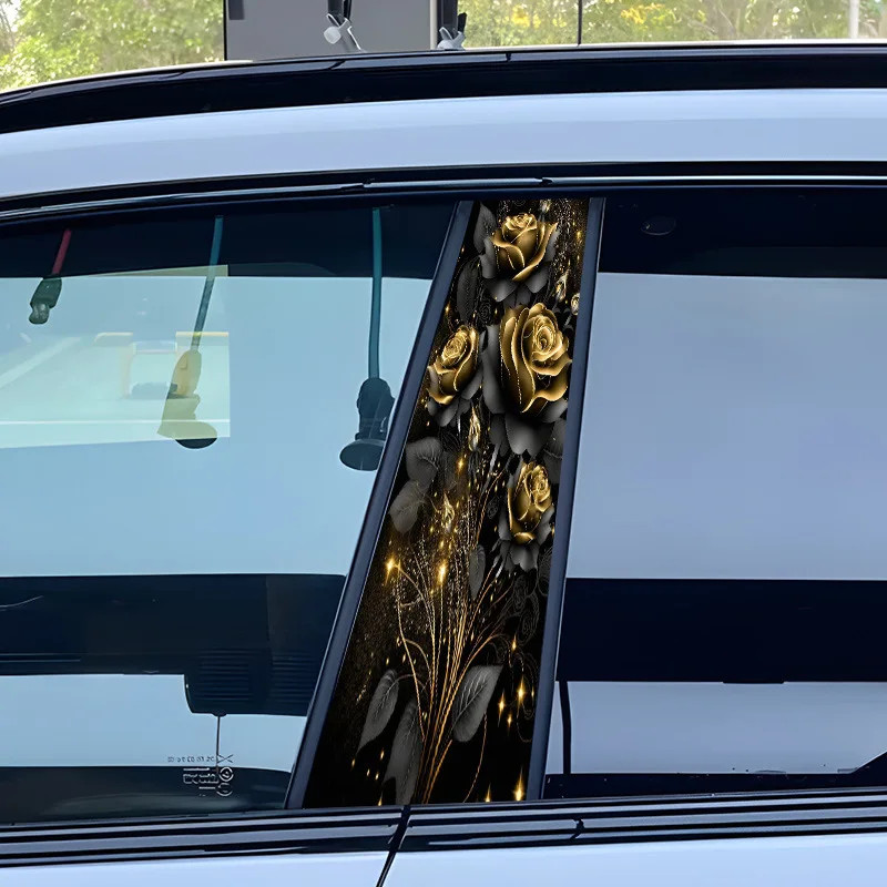 2X Middle Column Black Gold Rose Car B Pillar Sticker Center Column Cover Decals