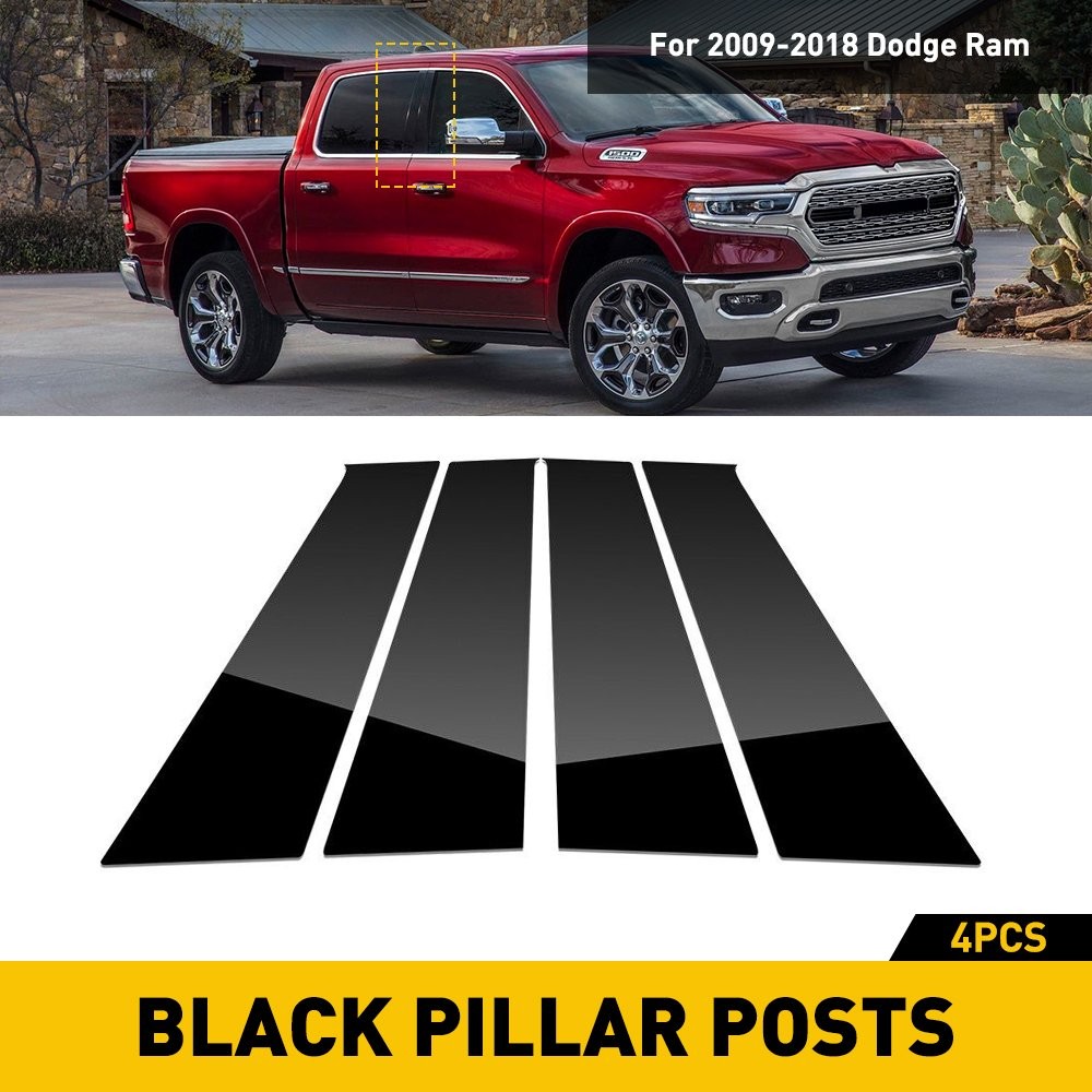Door Piano Black Pillar Posts for Dodge Ram 09-18 Crew/Quad/Extended EXT Tr E