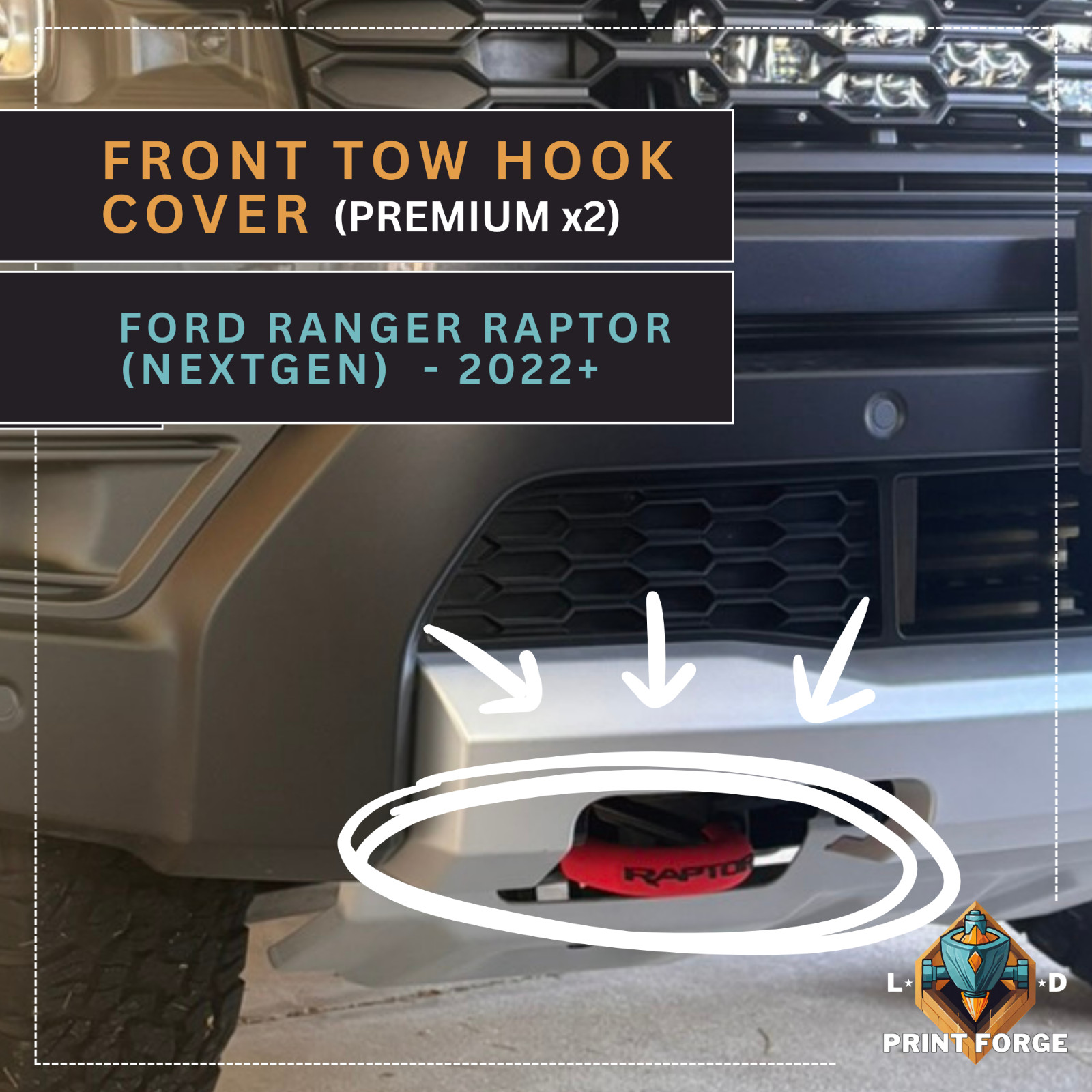Premium Front “Raptor” Text NextGen Ford Ranger Raptor Tow Hook Accent Covers
