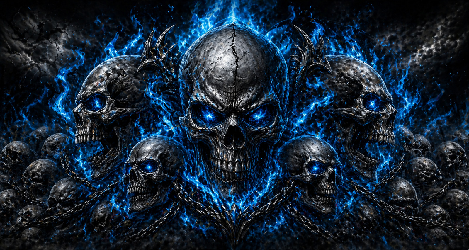 Skulls With Blue Flames And Chains Graphics Tailgate Vinyl Decal Wrap