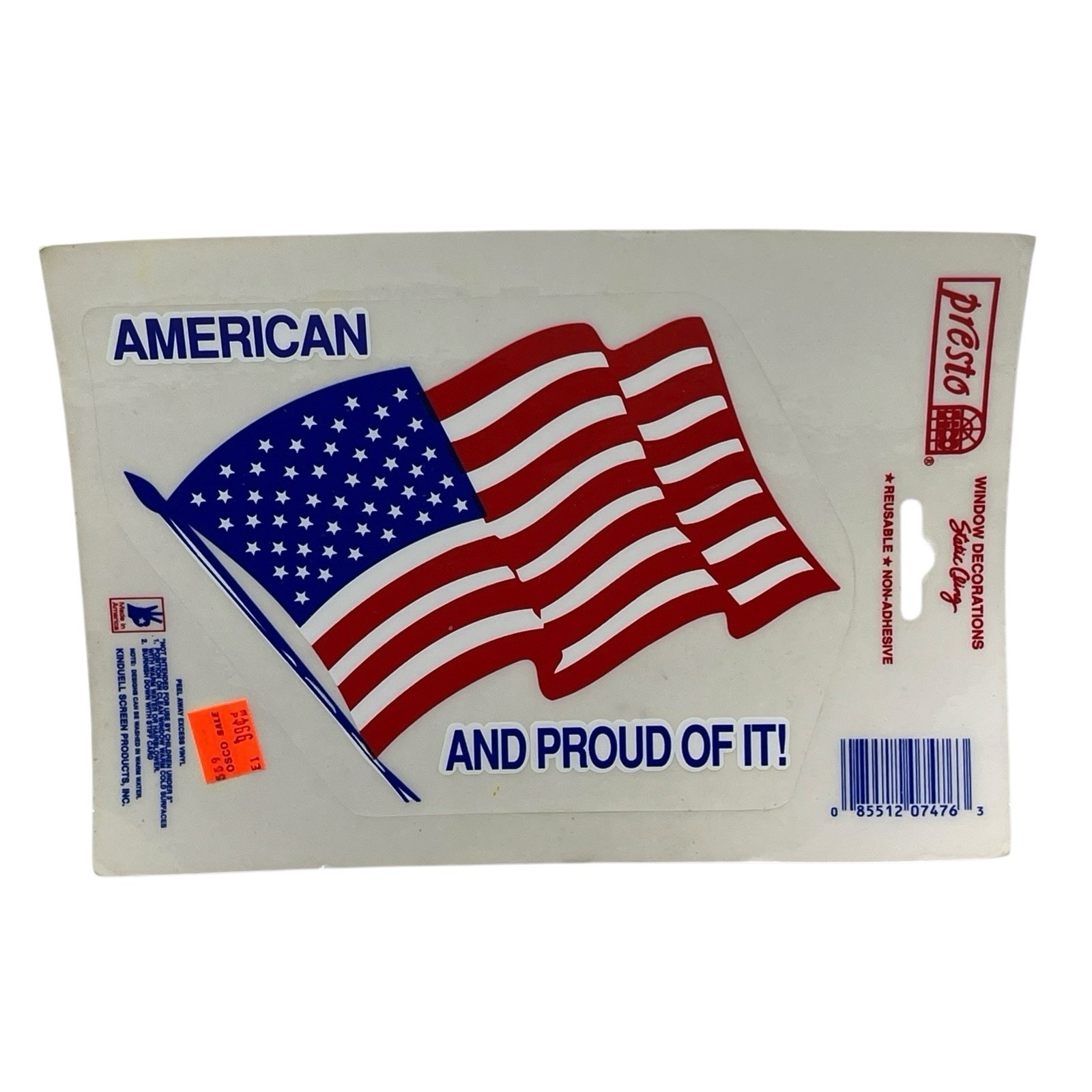 Presto Flag Car Decal Static Cling Window American Proud Of It NOS Vintage 2 PK