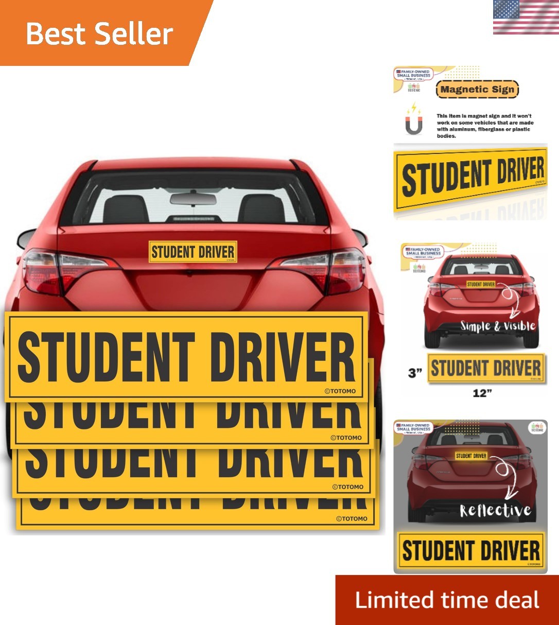 Large Reflective Student Driver Signs – Easy to Remove 12″x3″ Magnets (4 Pack)