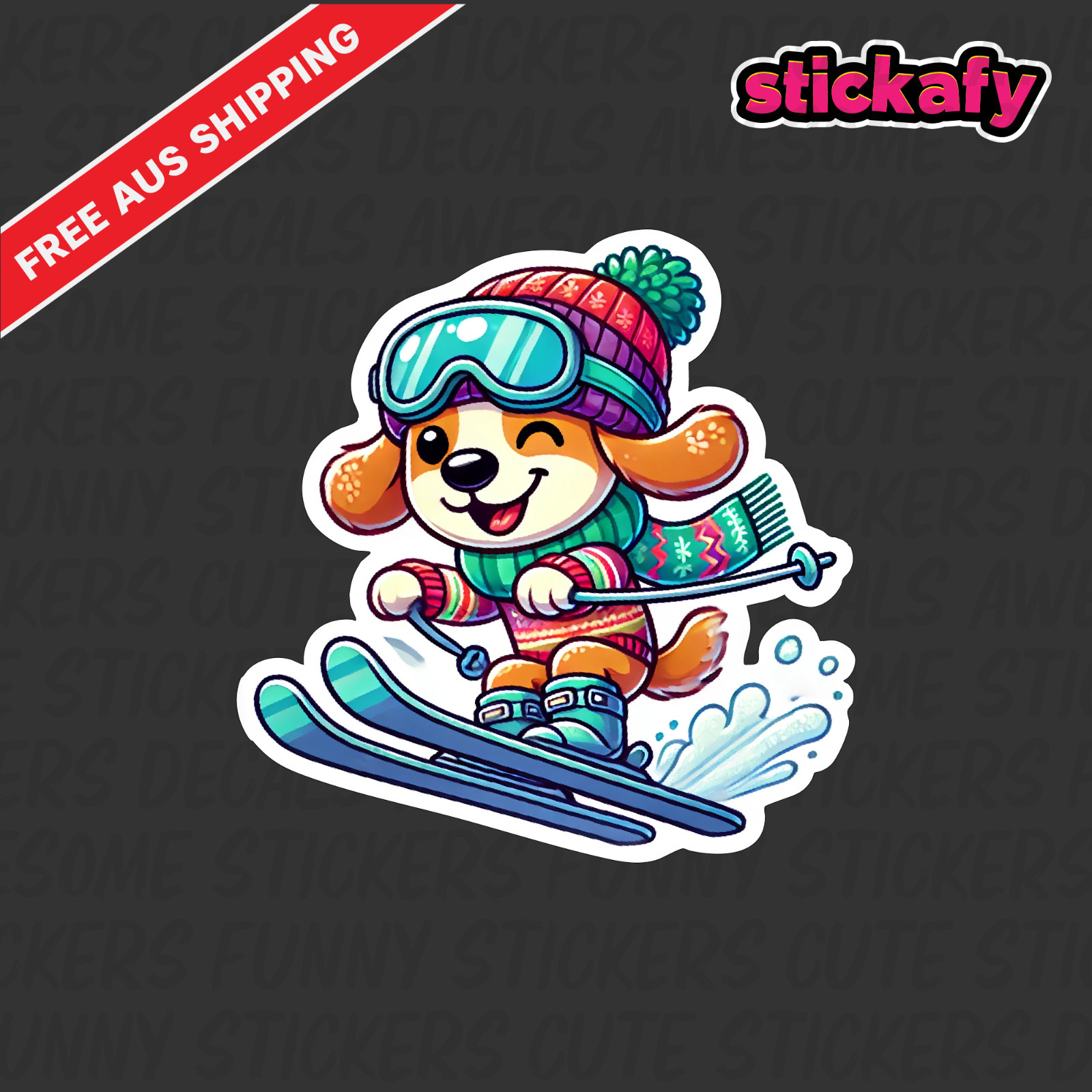 Skiing Dog Sticker | Vinyl Car Decal Funny Aussie Meme Adult 4wd 4×4 Snow Sport