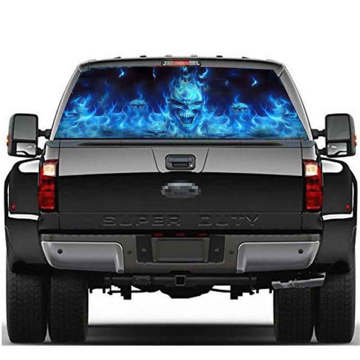 Blue Flaming Skull Rear Window Graphic Tint Decal Sticker Fit For Car Body Decor