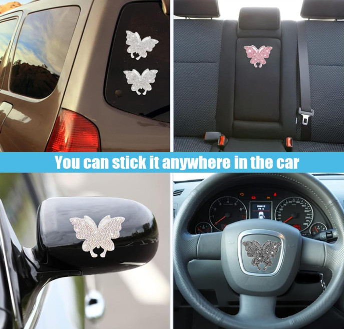 8PCS Bling Crystal Butterfly Car Decals, Auto Decoration Rhinestone Stickers Bli