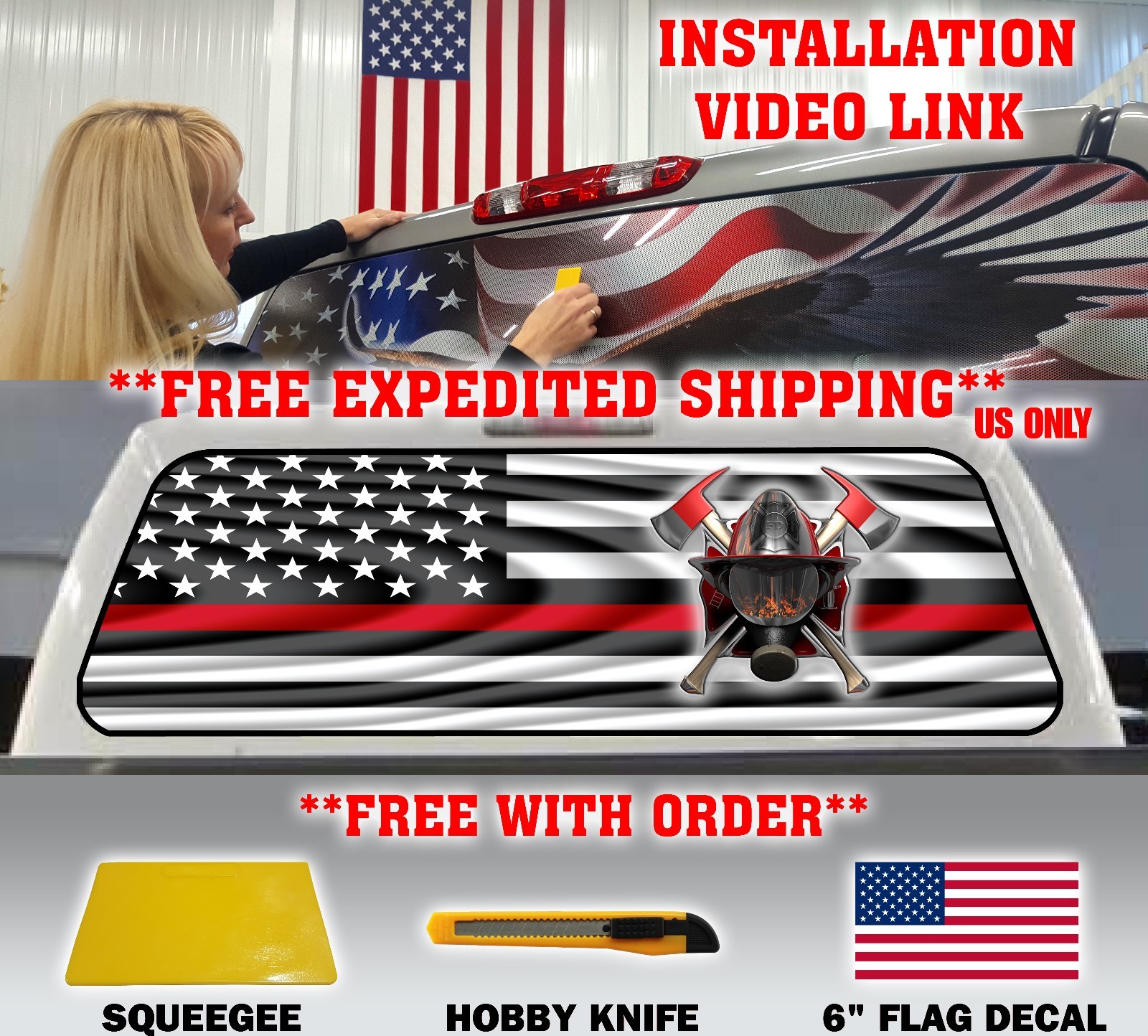 FIREFIGHTER THIN RED LINE FIRE RESCUE AMERICAN FLAG PICKUP REAR WINDOW DECAL
