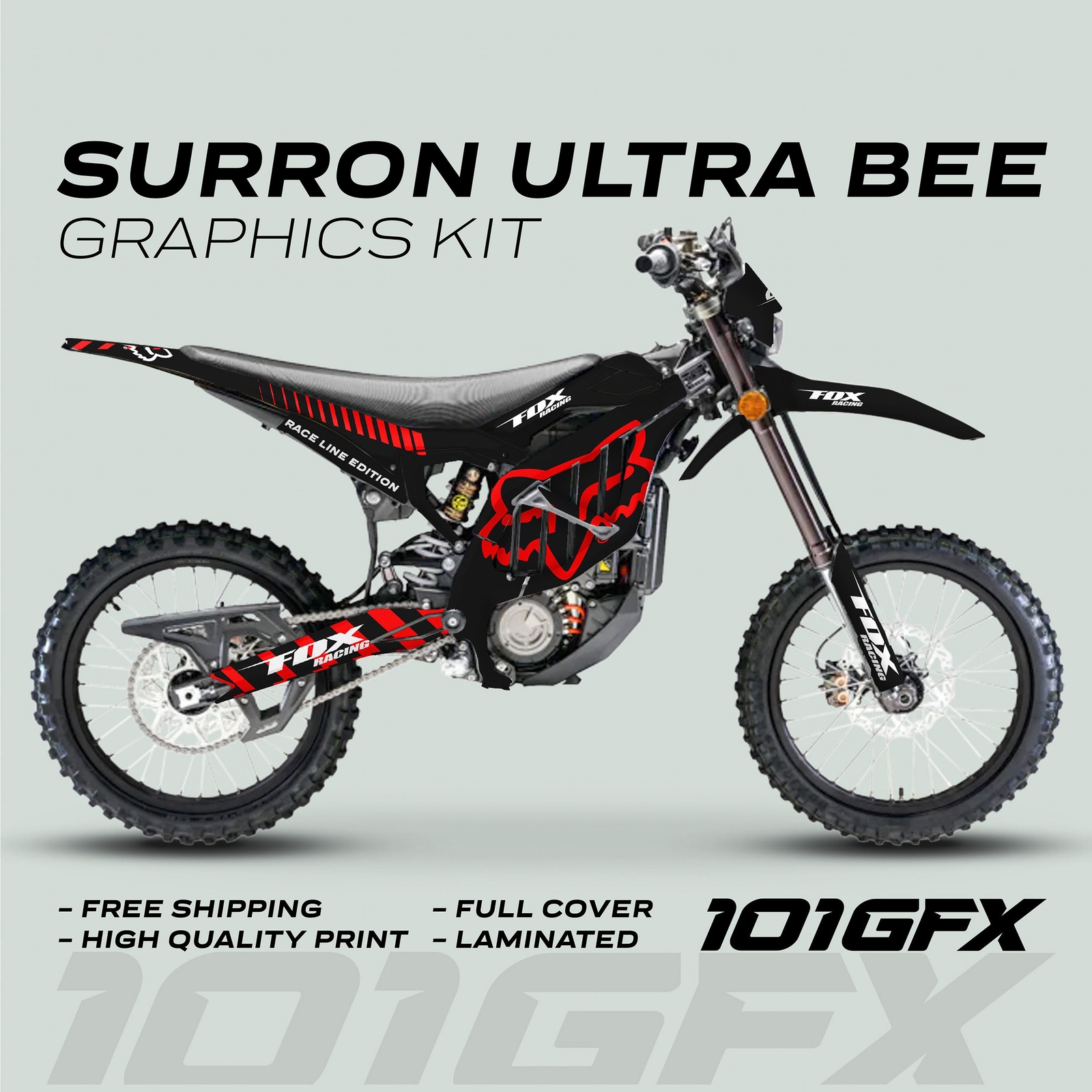 Surron Ultra Bee Graphics Kit FOX RACE LINE Black Red Decals Stickers Laminated