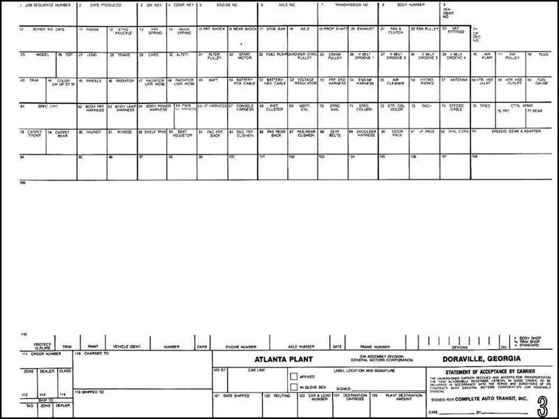 1966-69 Blank New Vehicle Factory Build Sheet