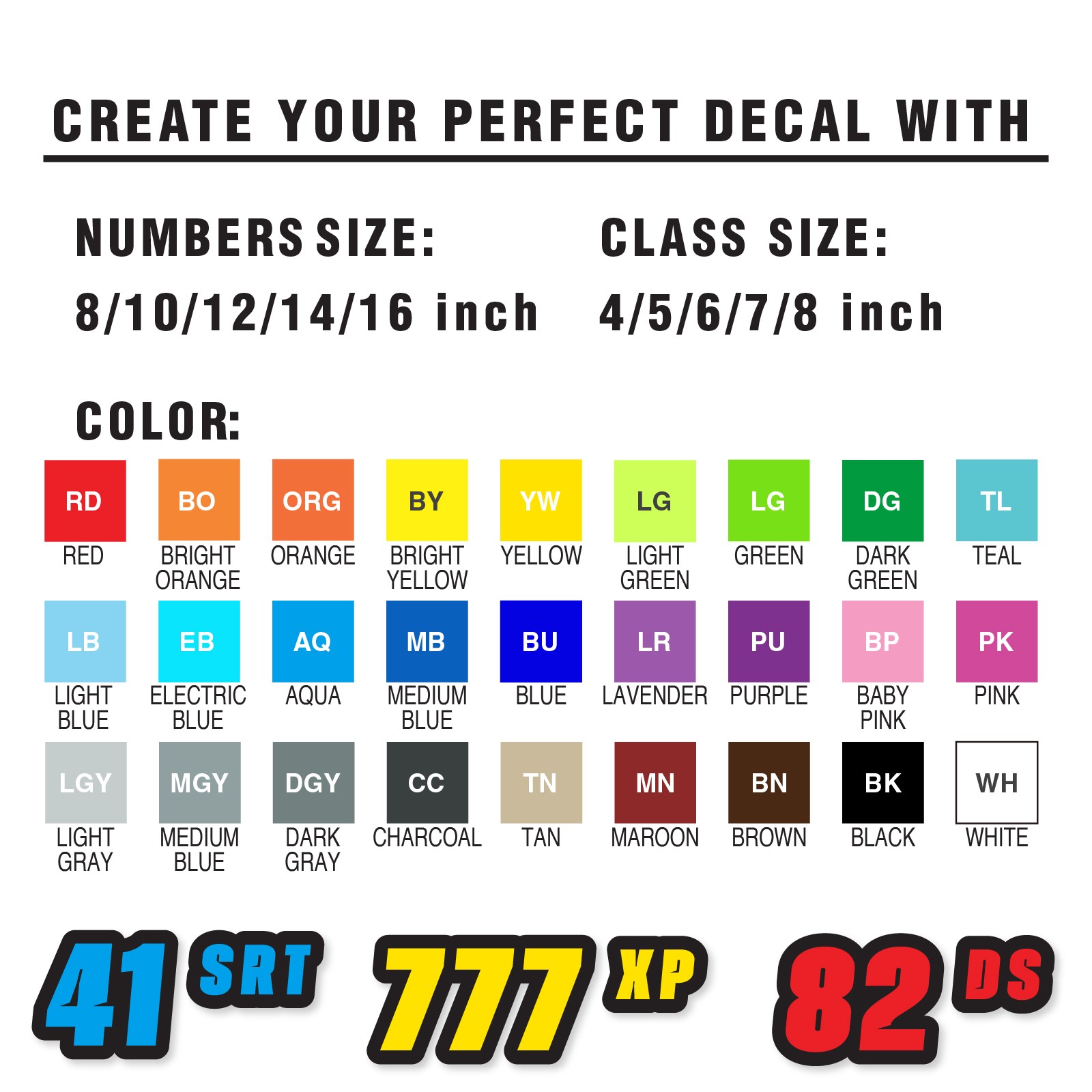 Custom Car Racing Number Class Sticker Glossy x2 8,10,12-16 inch – Black Outline