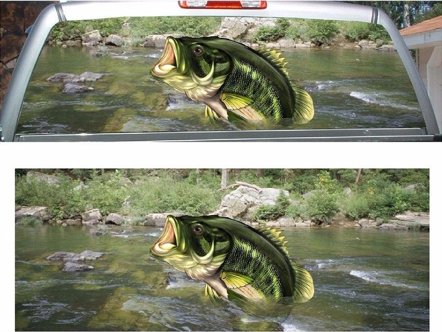 Large mouth bass fish fishing swamp rear window view thru graphic decal wrap