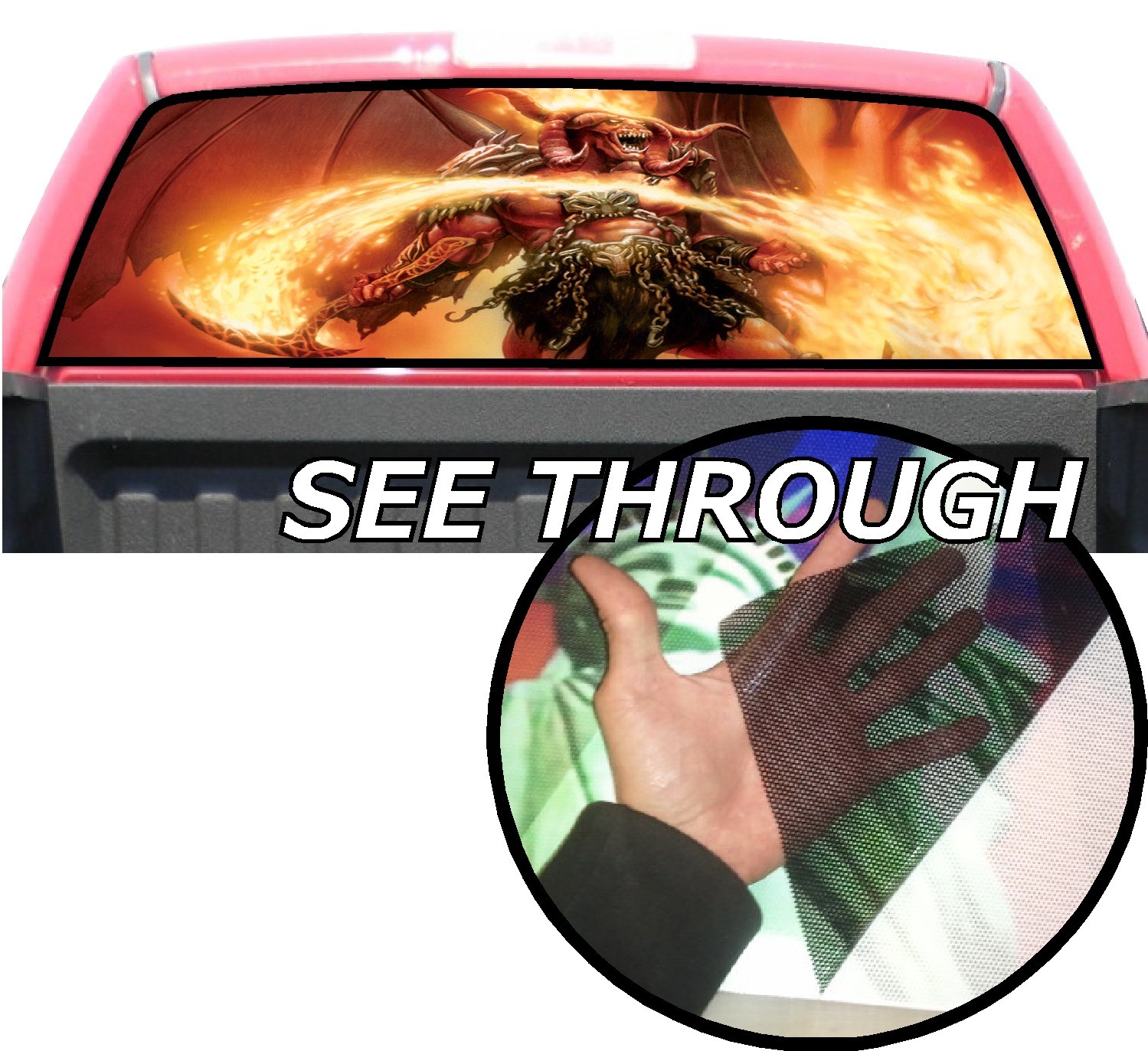 P142 Demon Devil Flames Rear Window Tint Graphic Decal Wrap Back Pickup Graphics