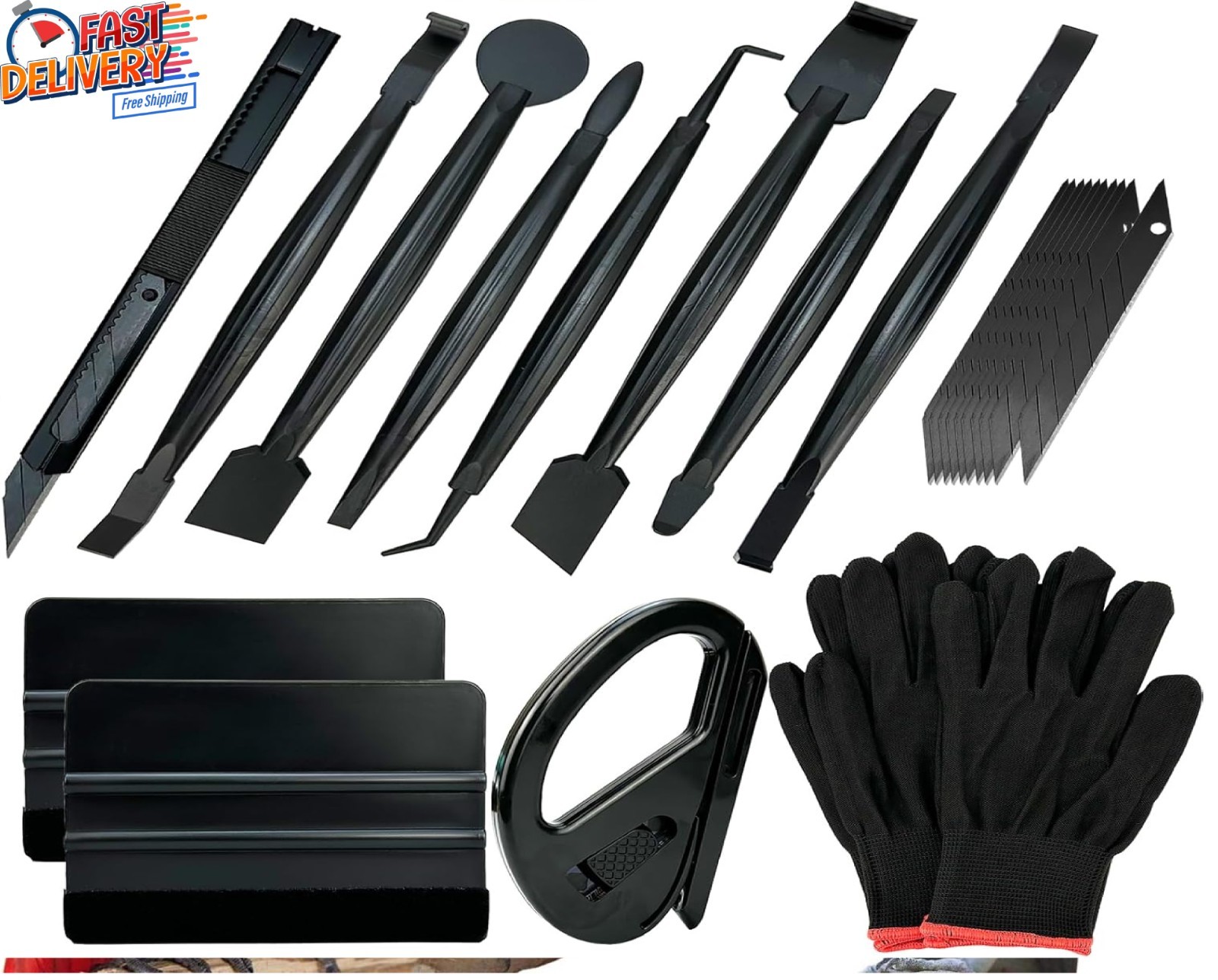 “Automotive Vinyl Wrap Kit with Tools: Black Vinyl, Car Compatible, Plastic Ex..