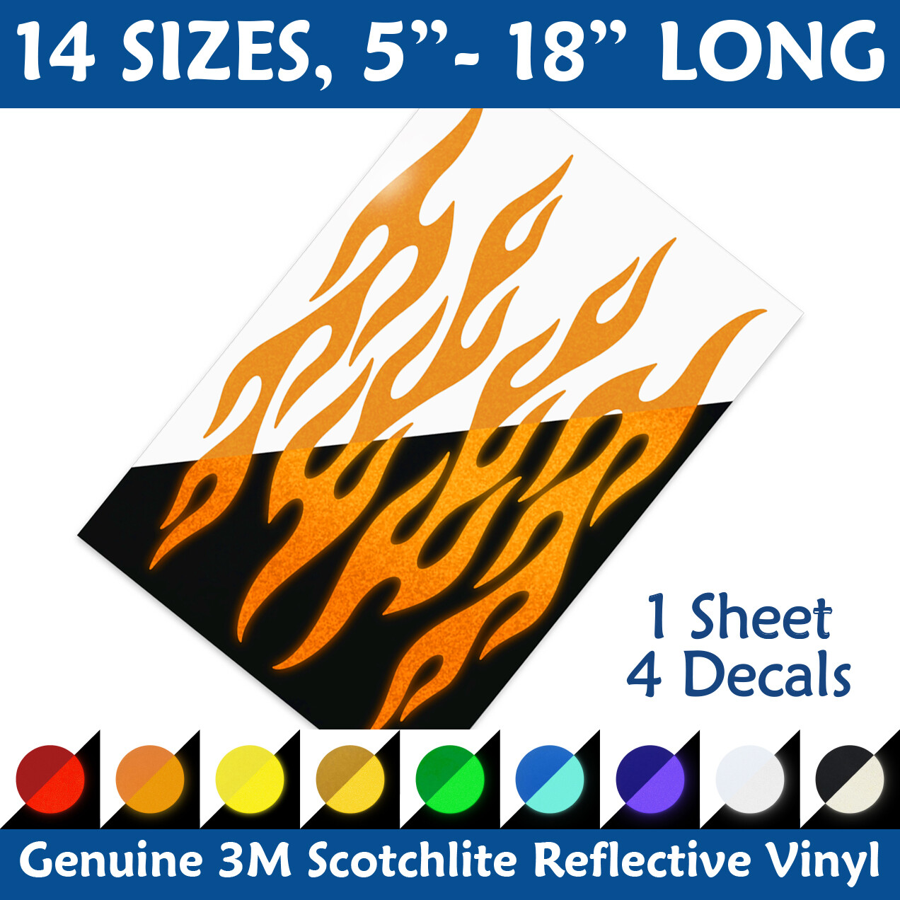 Set of 4 Reflective Flames Vinyl Decals, Retro Hotrod Fire Transfers / #1334R-SZ