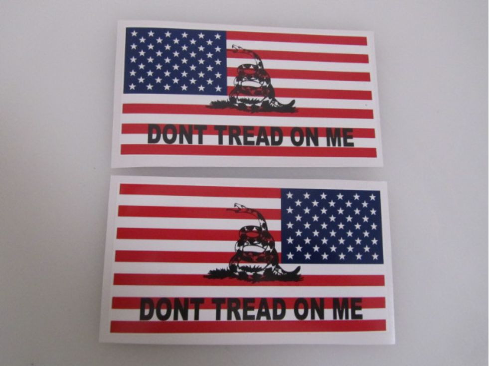 2 USA DONT TREAD ON ME FLAG Decal Window Bumper Sticker Reverse America