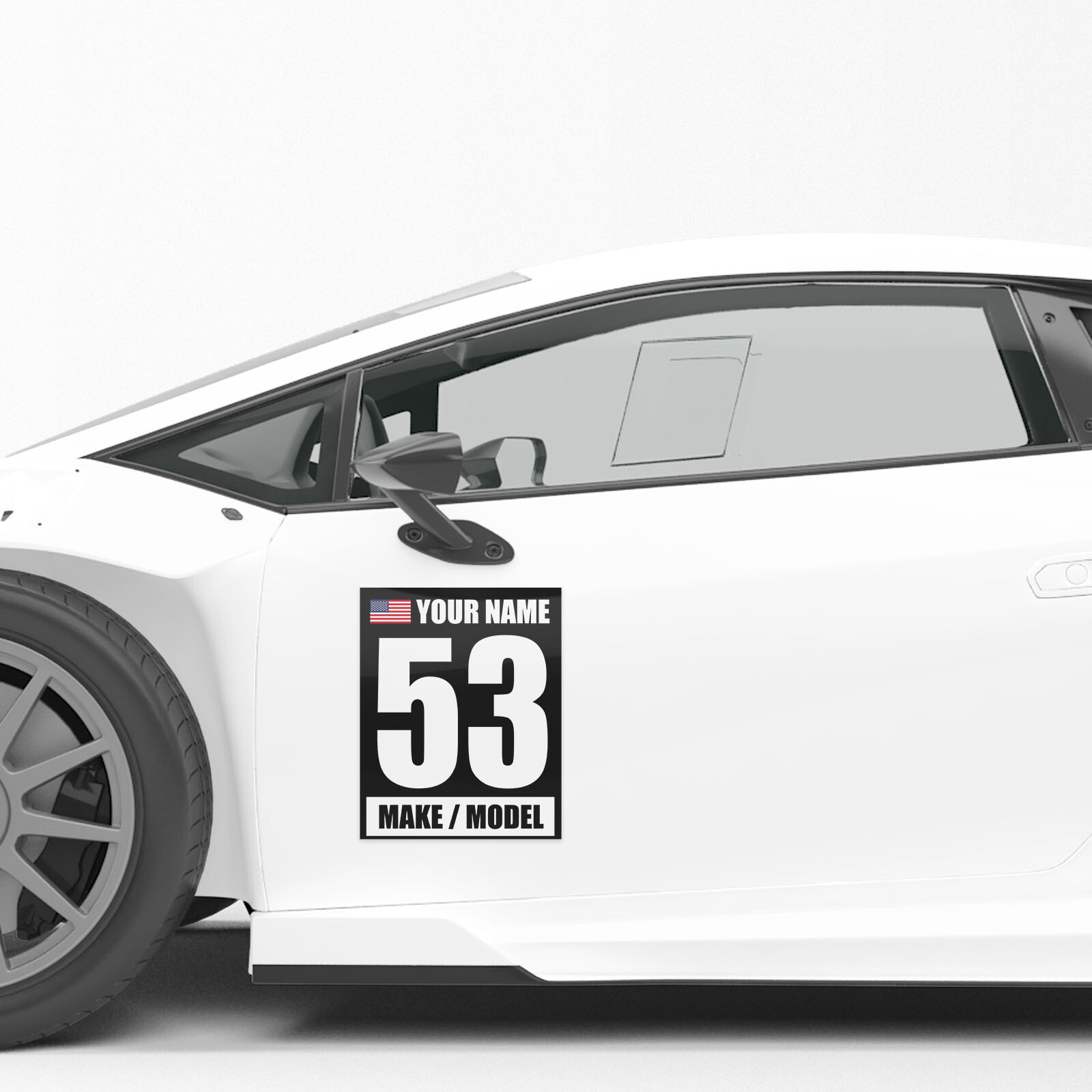 2 pcs Track Day Racing Numbers Sticker – Custom Name Make Model Flag Vinyl Decal
