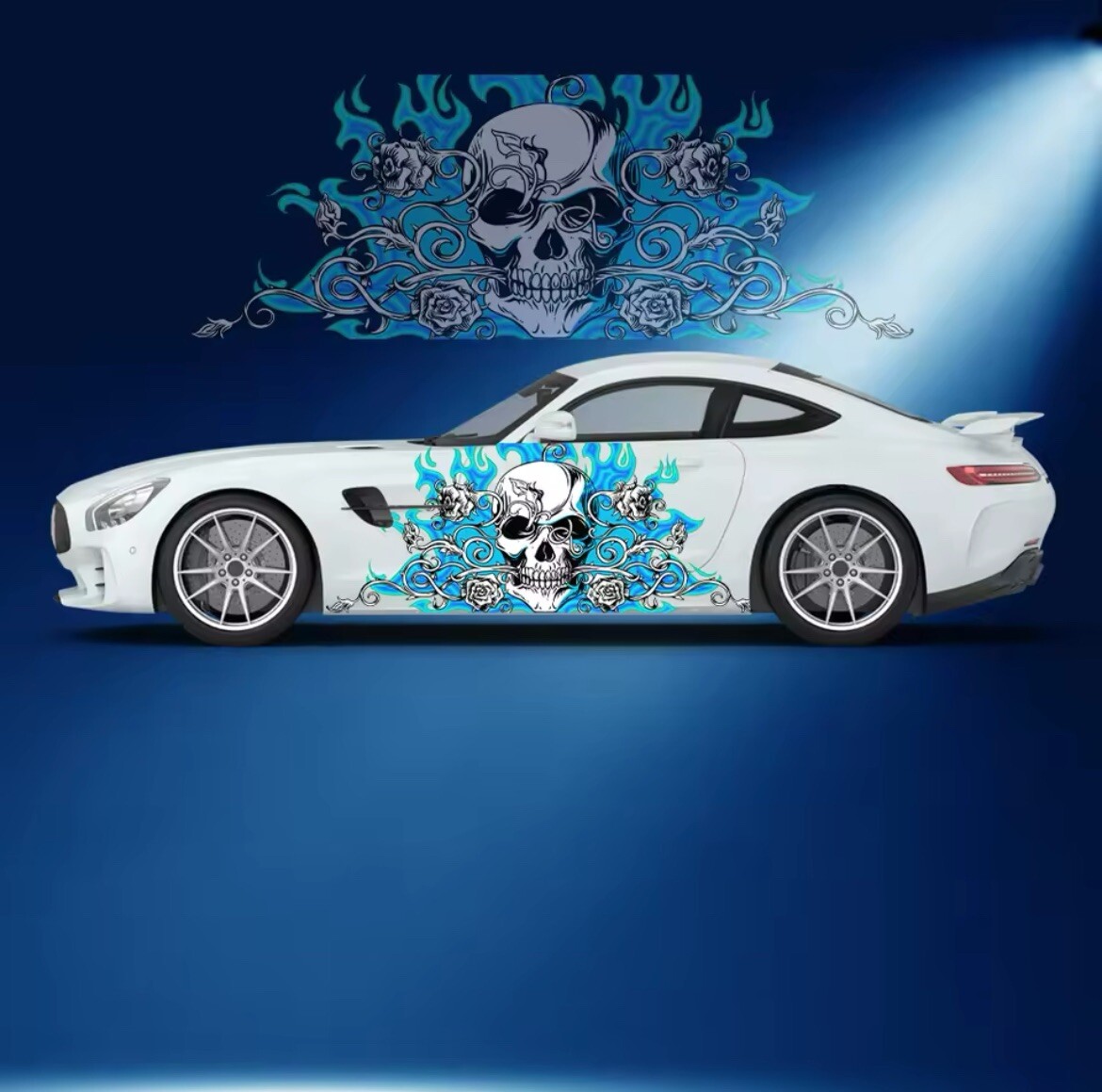 Flame Flowers Skull Car Side Sticker Vinyl Self-adhesive; Universal Fit 2 PCS