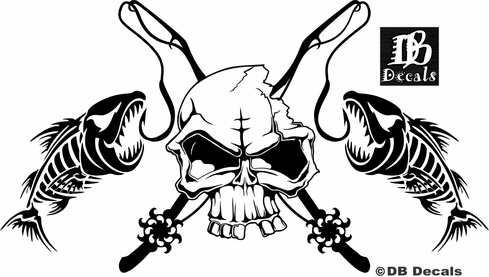 Fishing Skull Skeleton Fish Rod Reel Hook Car Truck Window Vinyl Decal Sticker