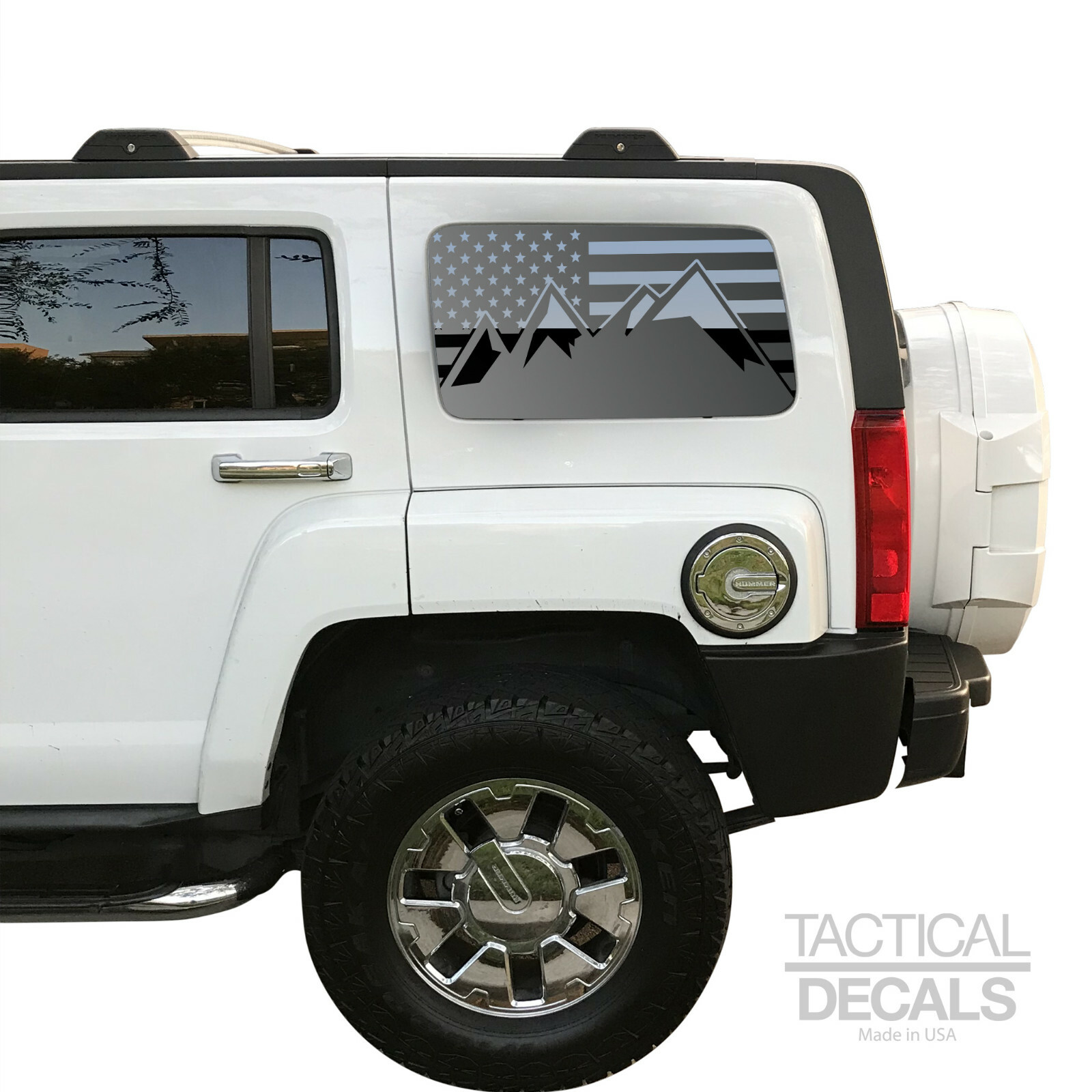 American USA Flag w/ Mountains Decal – Fits Hummer H3 2006-2010 Window QR8-HH3