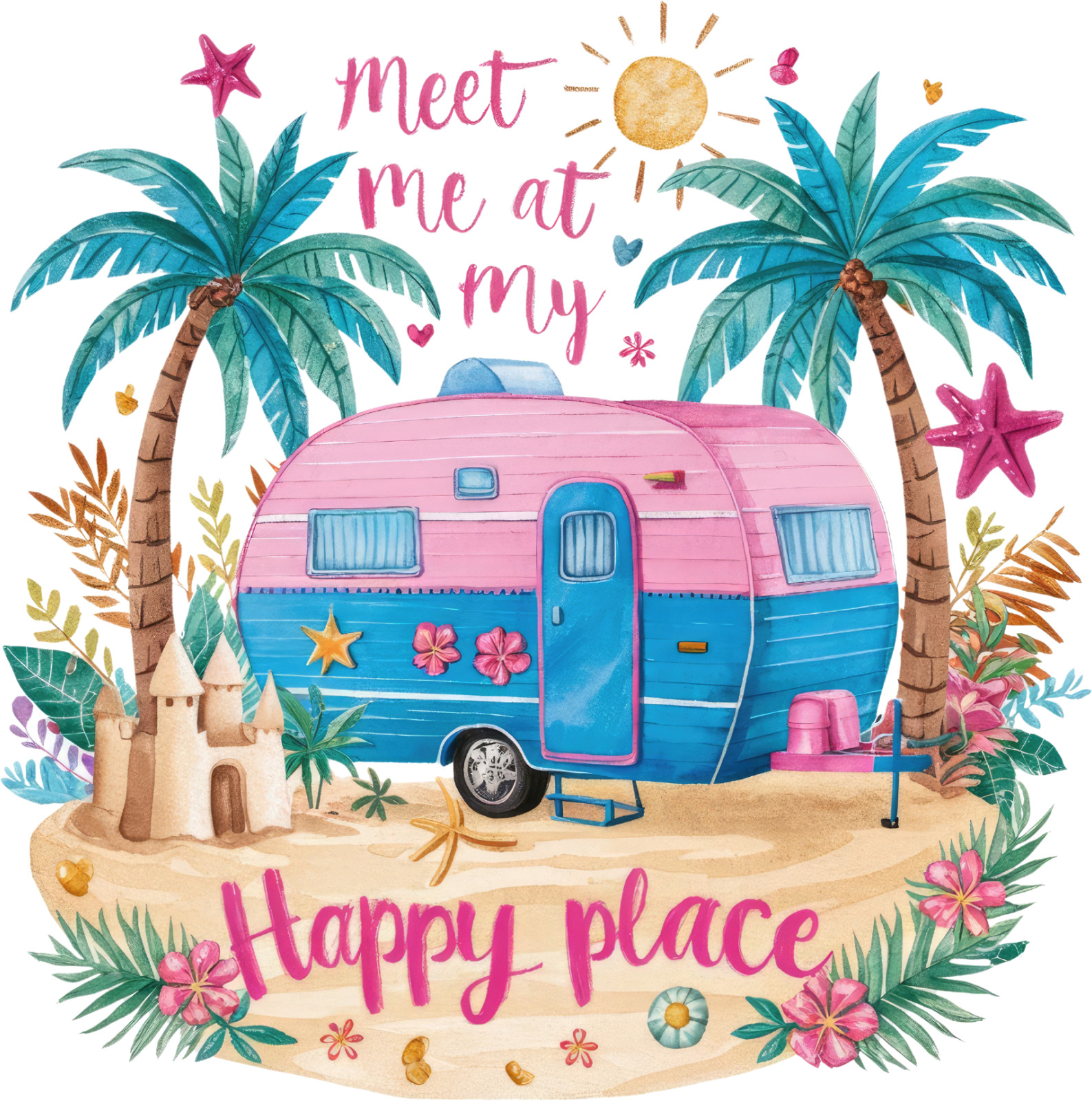 Camping Sticker 4″ Meet Me At My Happy Place Pink Camper Beach Palm Trees Summer