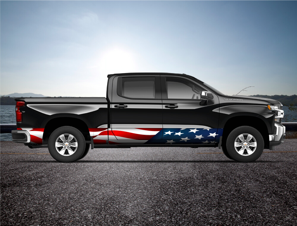 American Flag Waving USA Rocker Panel Truck SUV Graphic Decal Wrap Kit -4 Sizes