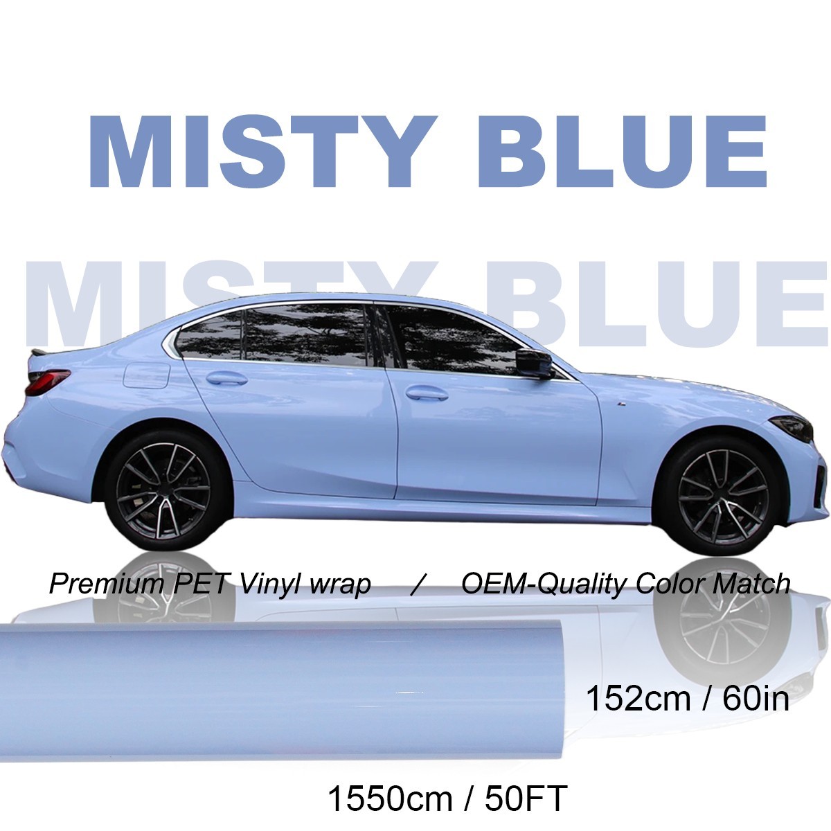 5FTx50FT PET Dusty Blue Vinyl Wrap US Stock Gloss Car Wrap Air Release