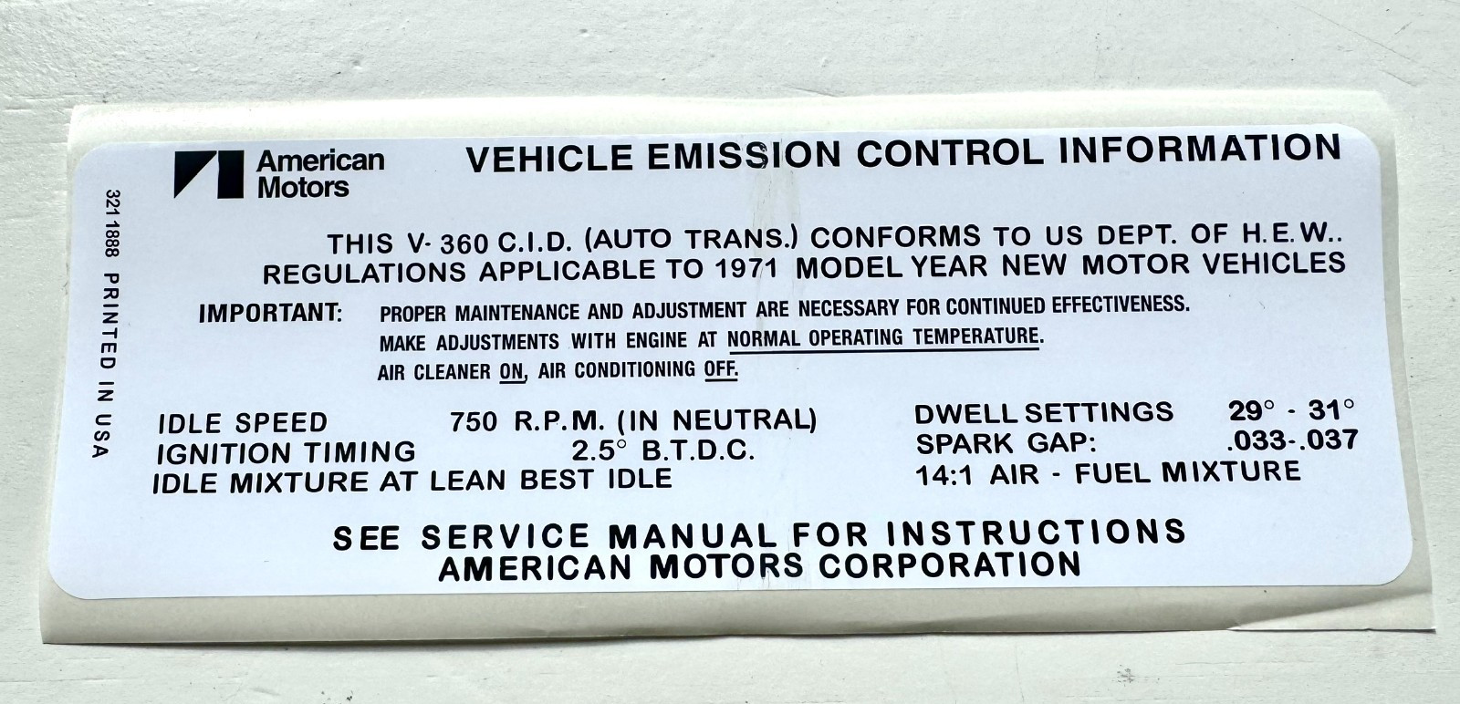 1971 AMC 360 V8 ENGINE EMISSIONS DECAL AUTO