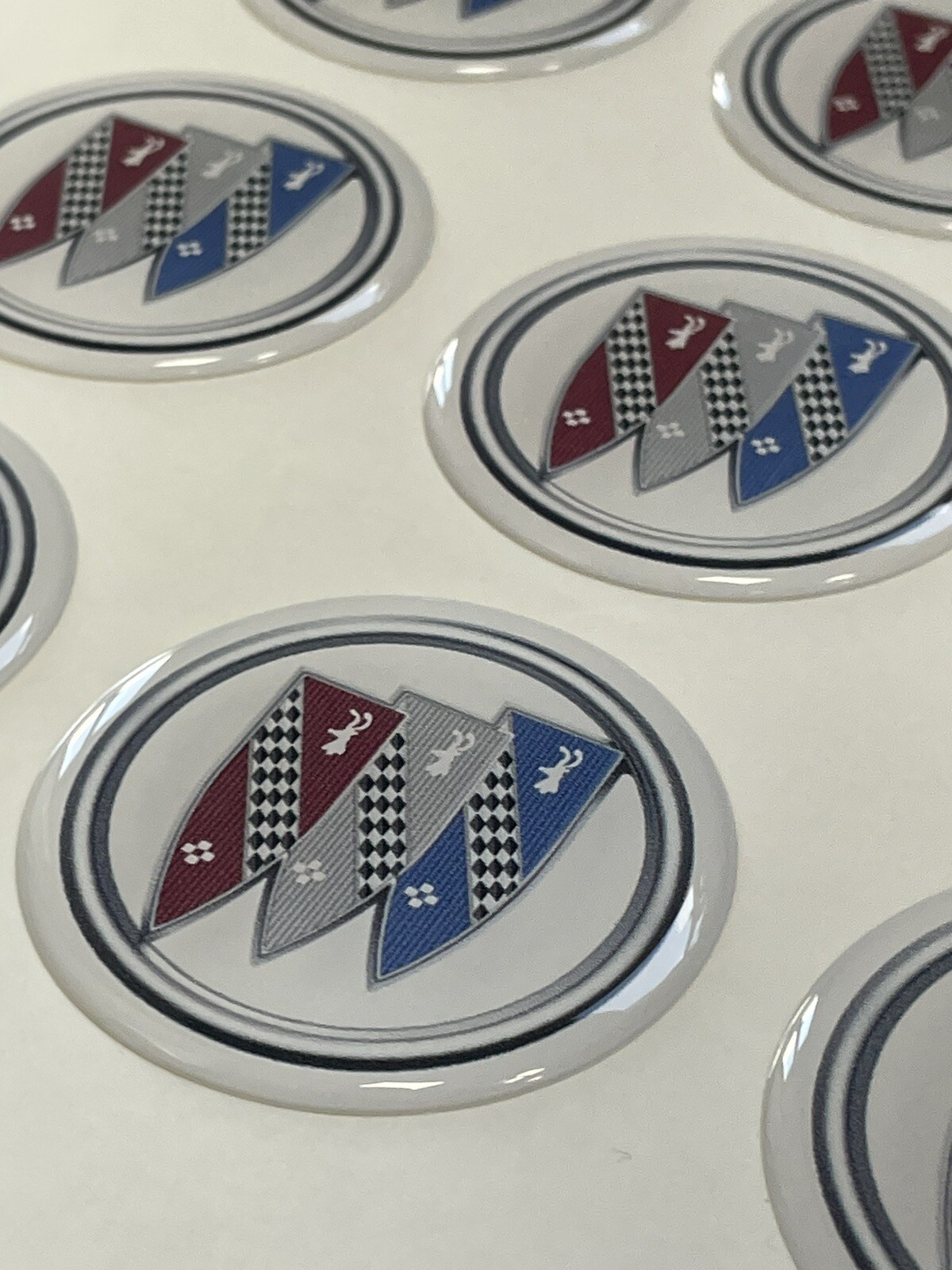 4- Buick Symbol White – Red Center Wheel Emblem 2” Round Vinyl Domes New 4 Piece