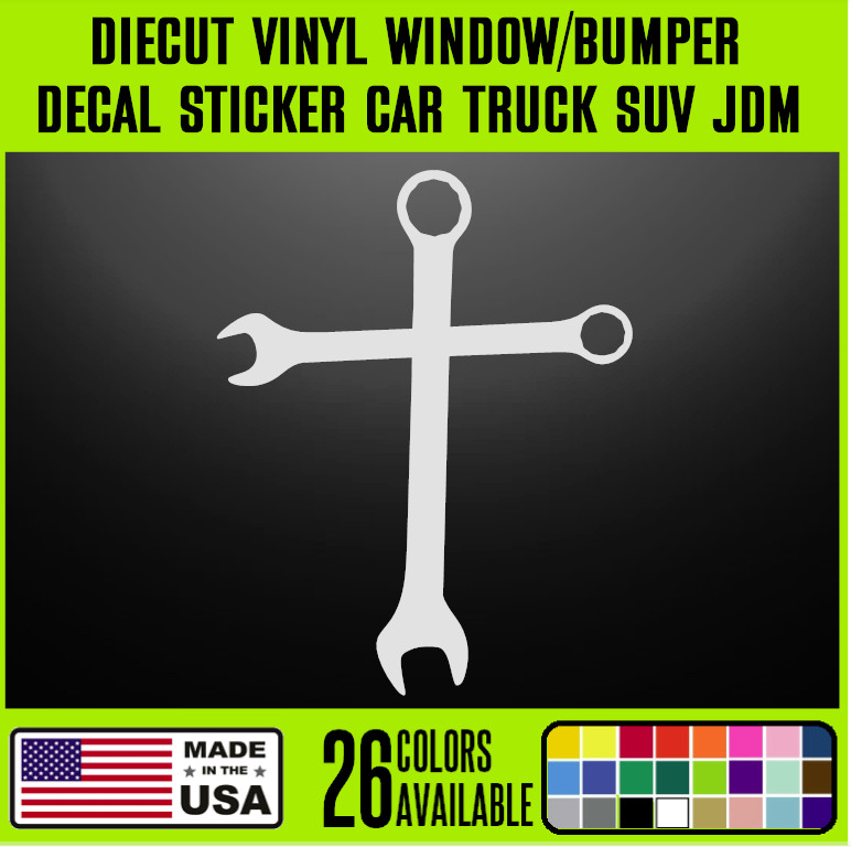 Mechanics Wrench Tool Cross Christian DieCut Vinyl Window Decal Sticker { j83