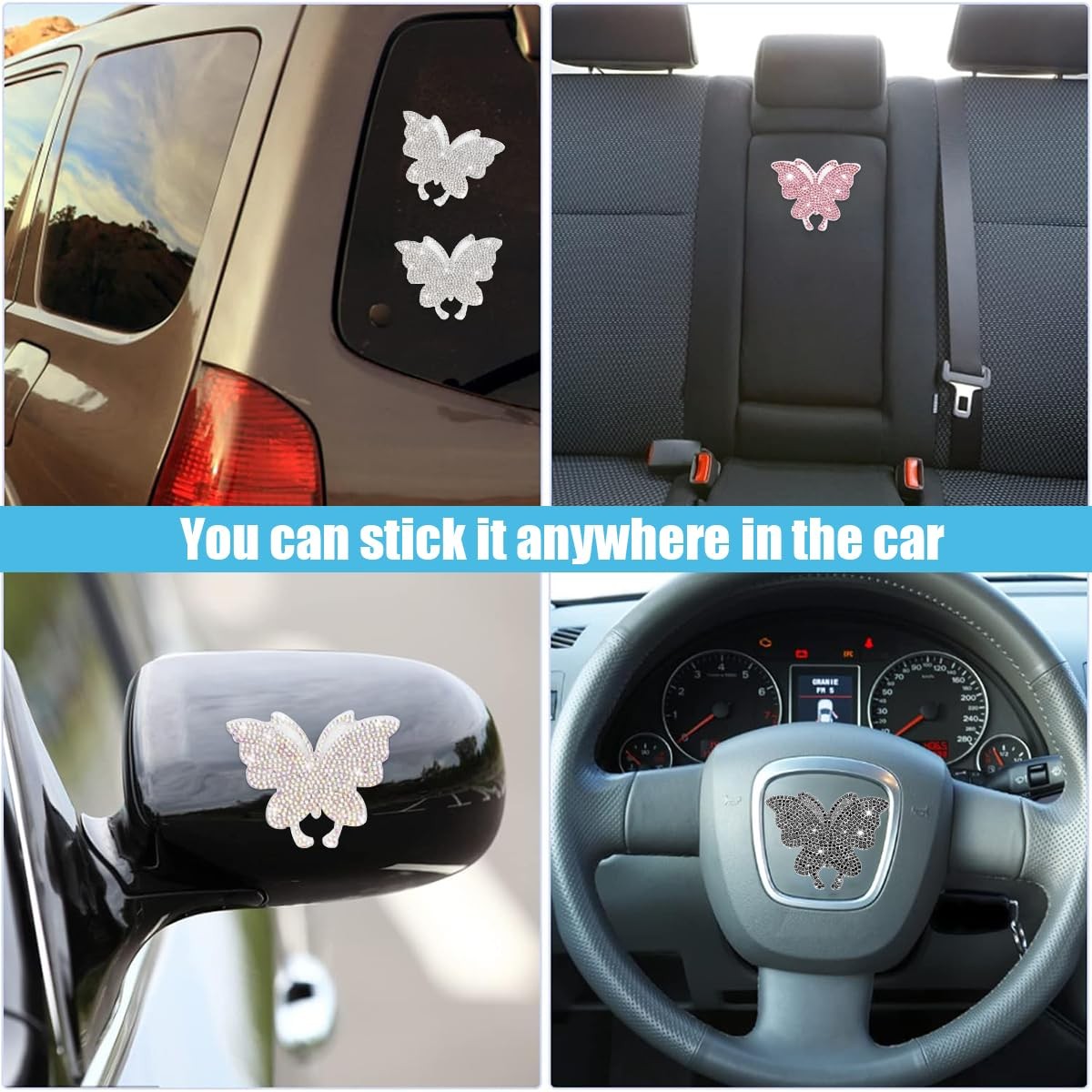 8PCS Bling Crystal Butterfly Car Decals, Auto Decoration Rhinestone White