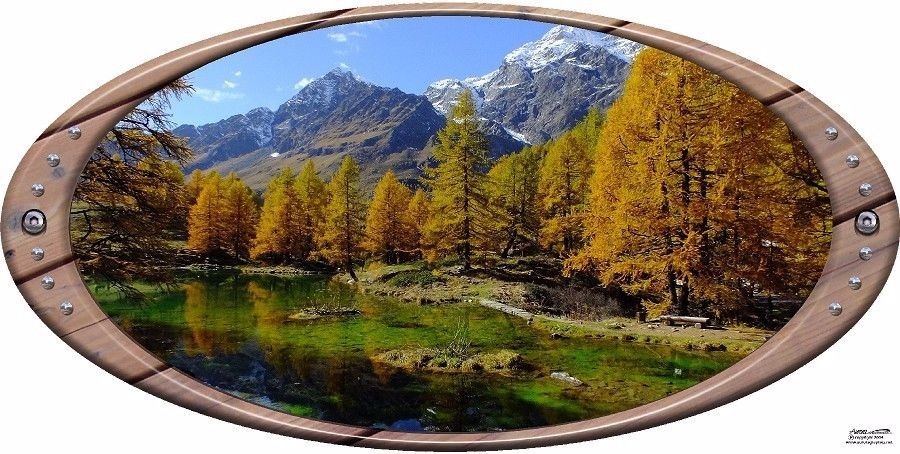 Autumn Lake Mountains Framed Oval Camper RV motor home mural graphic