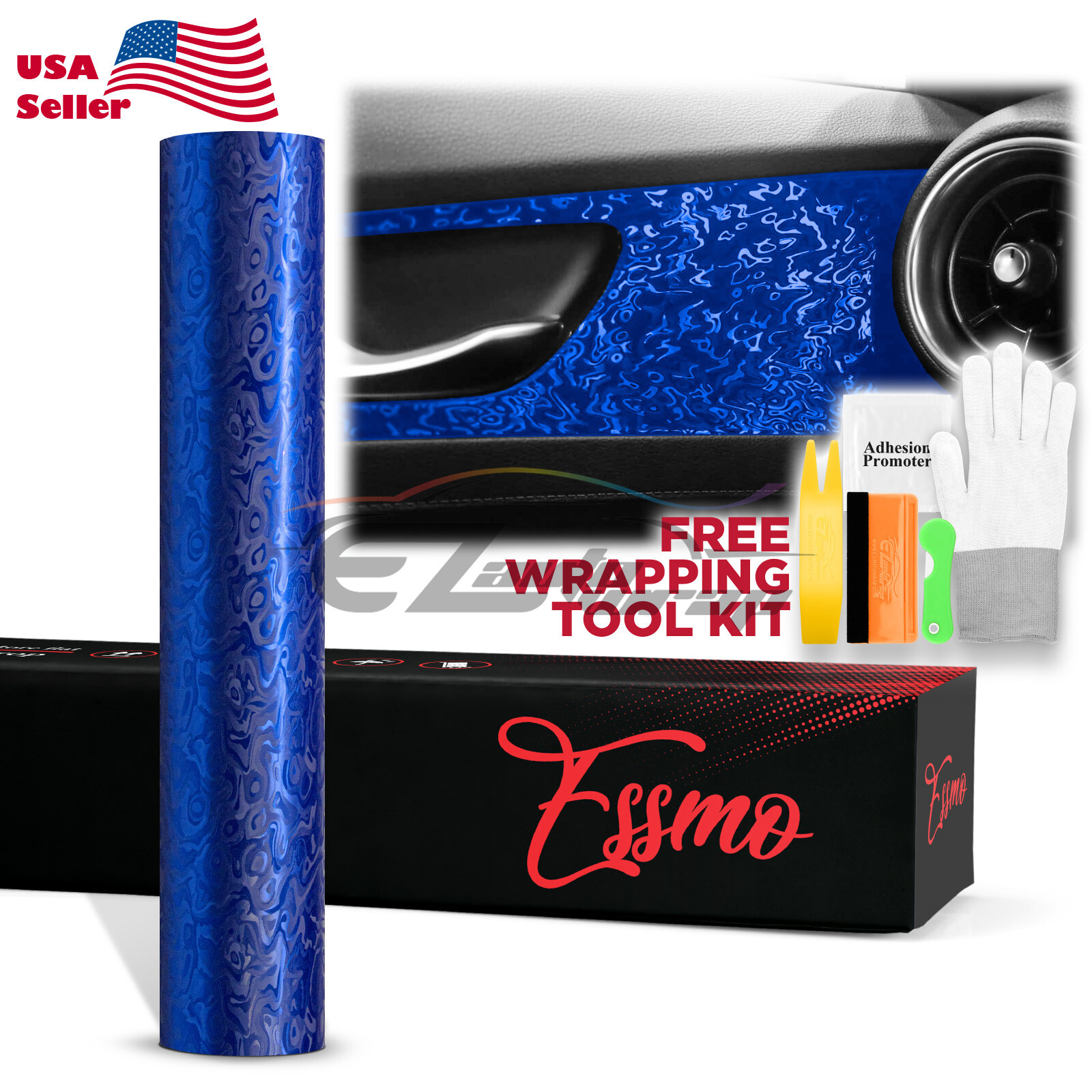 PET Damascus Steel Forged Carbon Fiber Royal Blue Car Vinyl Wrap Decal Sticker