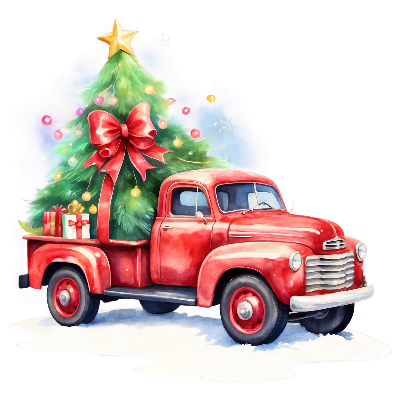Red Truck Sticker (2 inch) Christmas Tree Lights Festive Winter Retro Presents