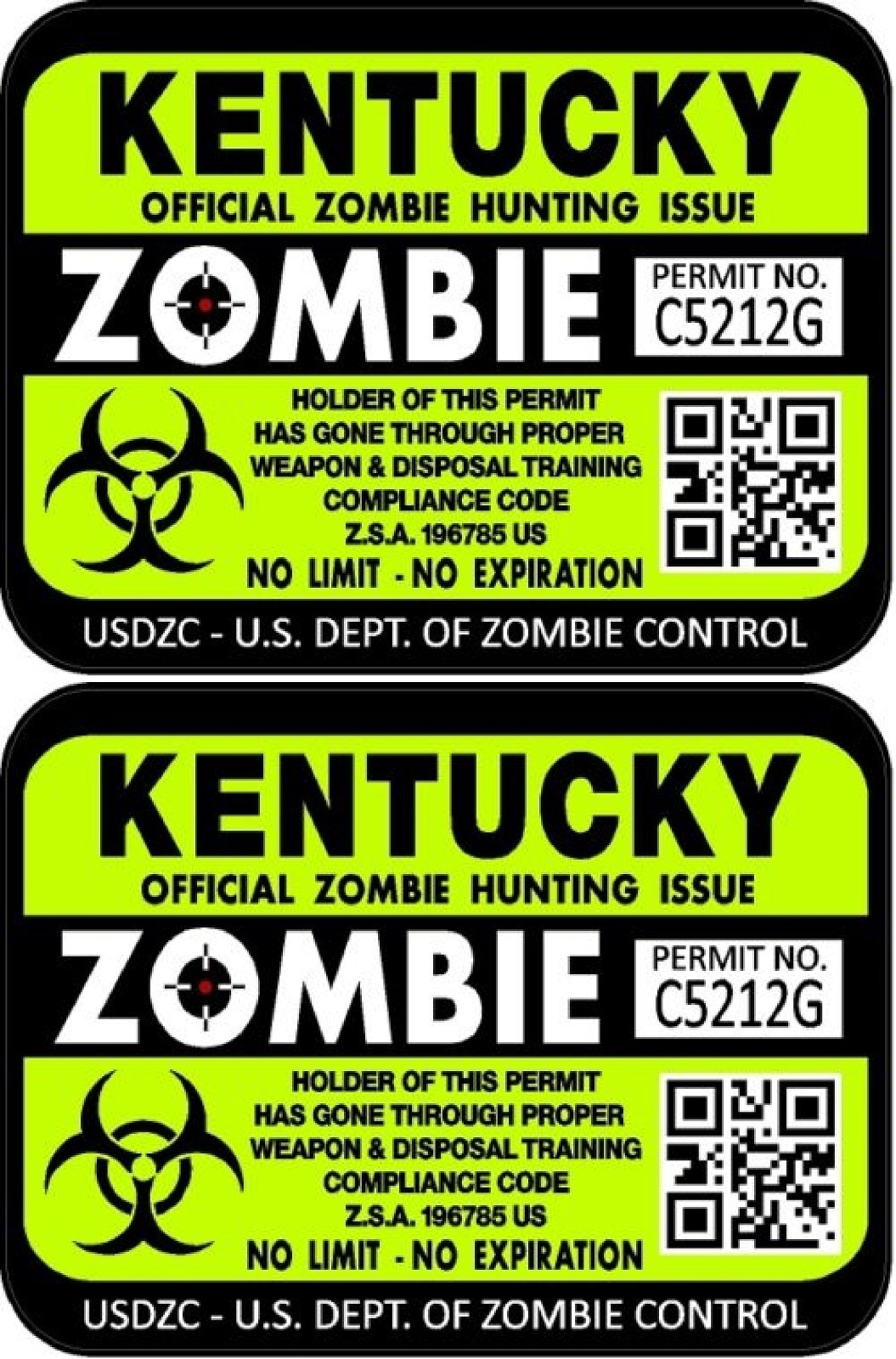 ProSticker 1227 (Two) 3″x 4″ Kentucky Zombie Hunting License Decals Stickers